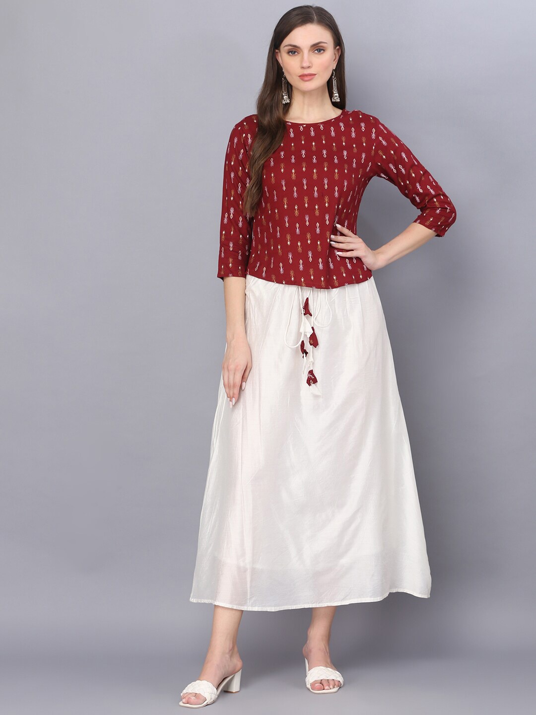 

God Bless Women Maroon & Off White Printed Top With Skirt