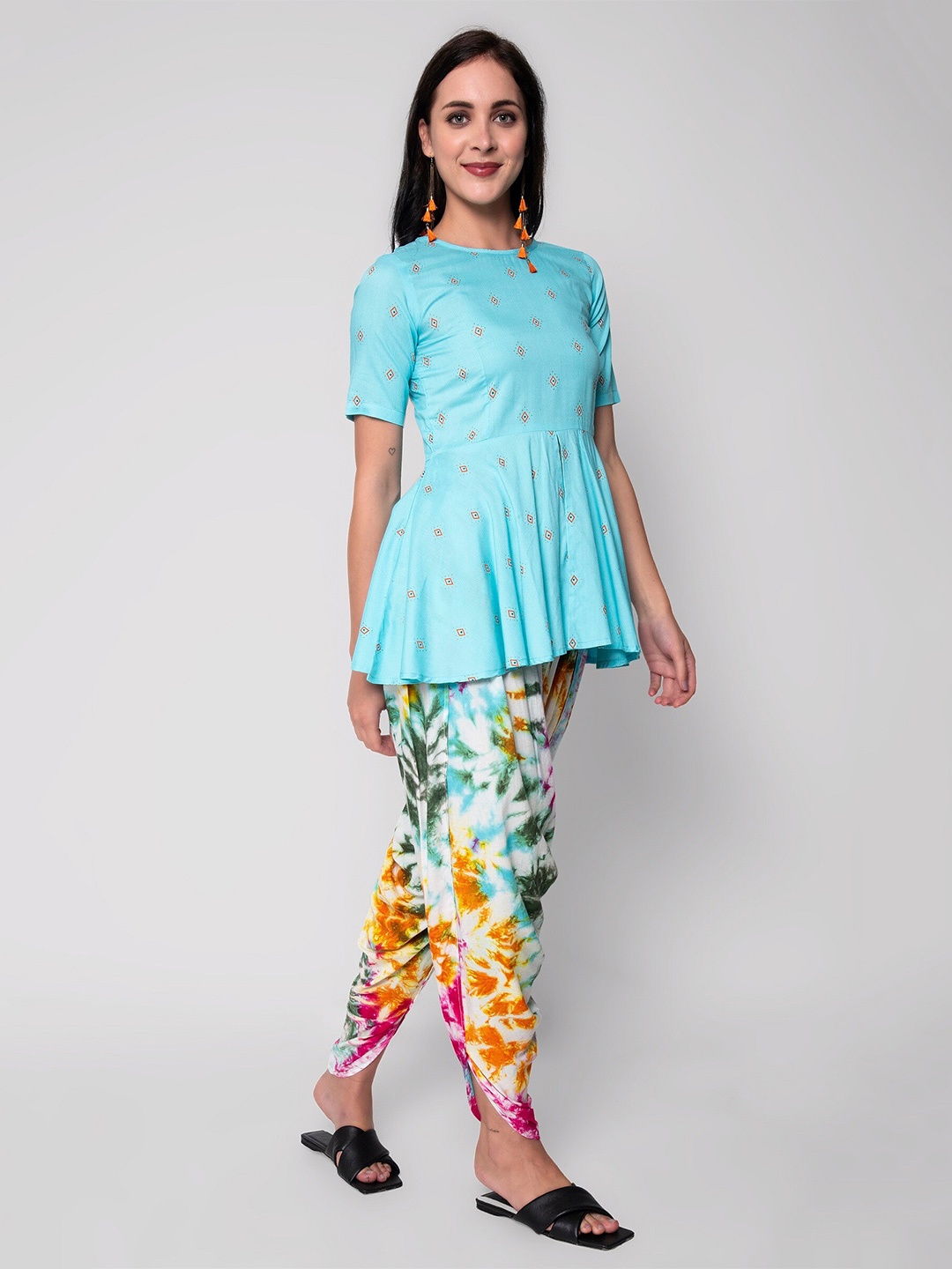 

God Bless Printed Top With Dhoti Pants, Blue