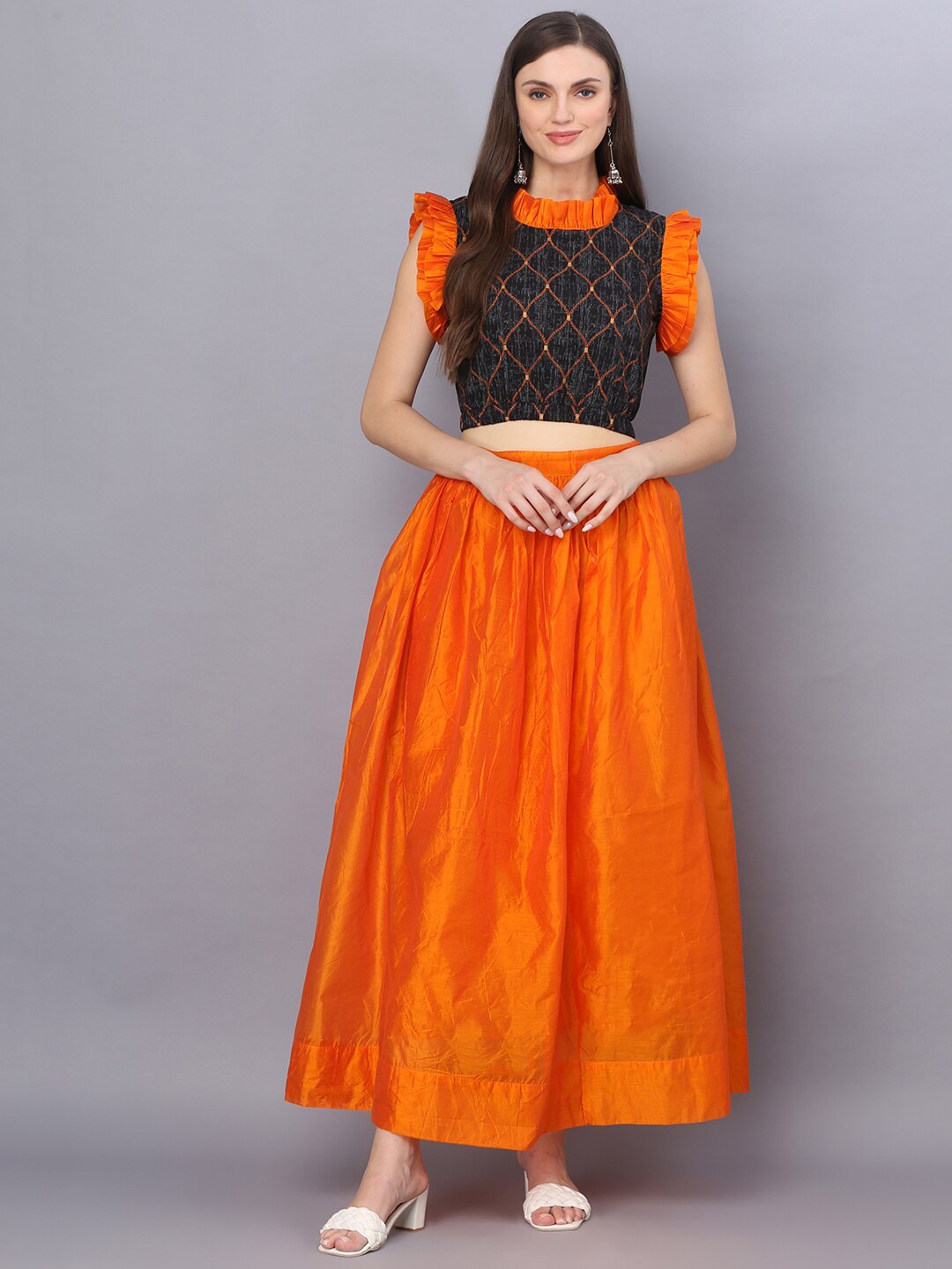 

God Bless Women Pure Cotton Crop Top With Skirt, Orange