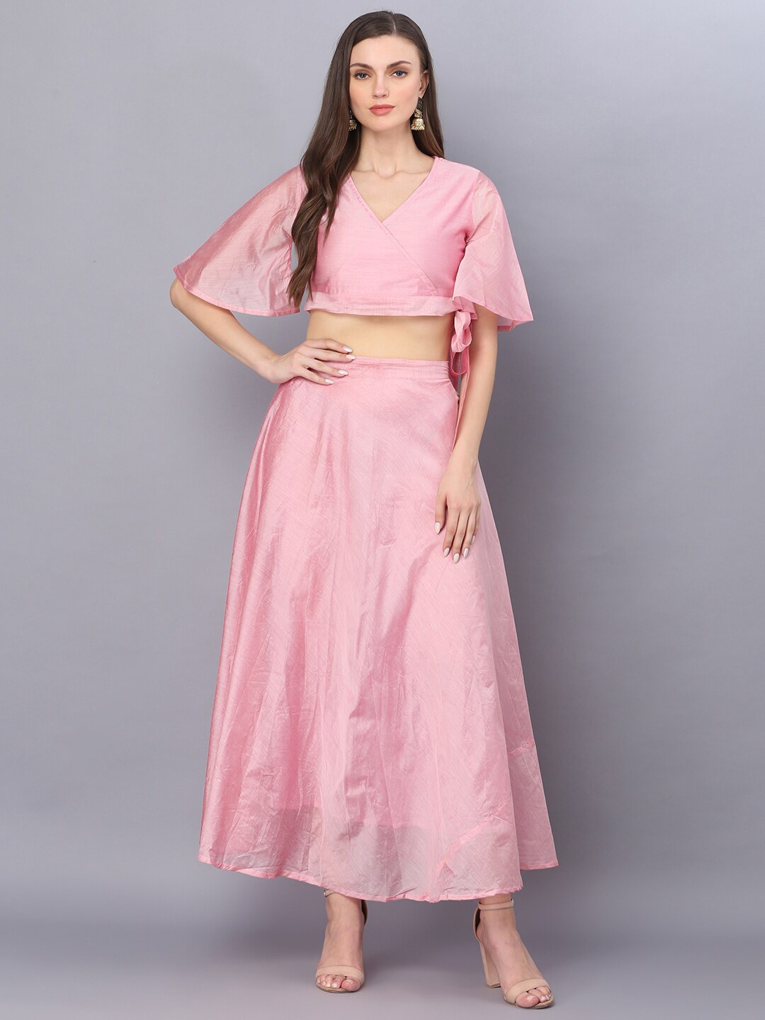 

God Bless Solid Chanderi Crop Top With Skirt, Pink