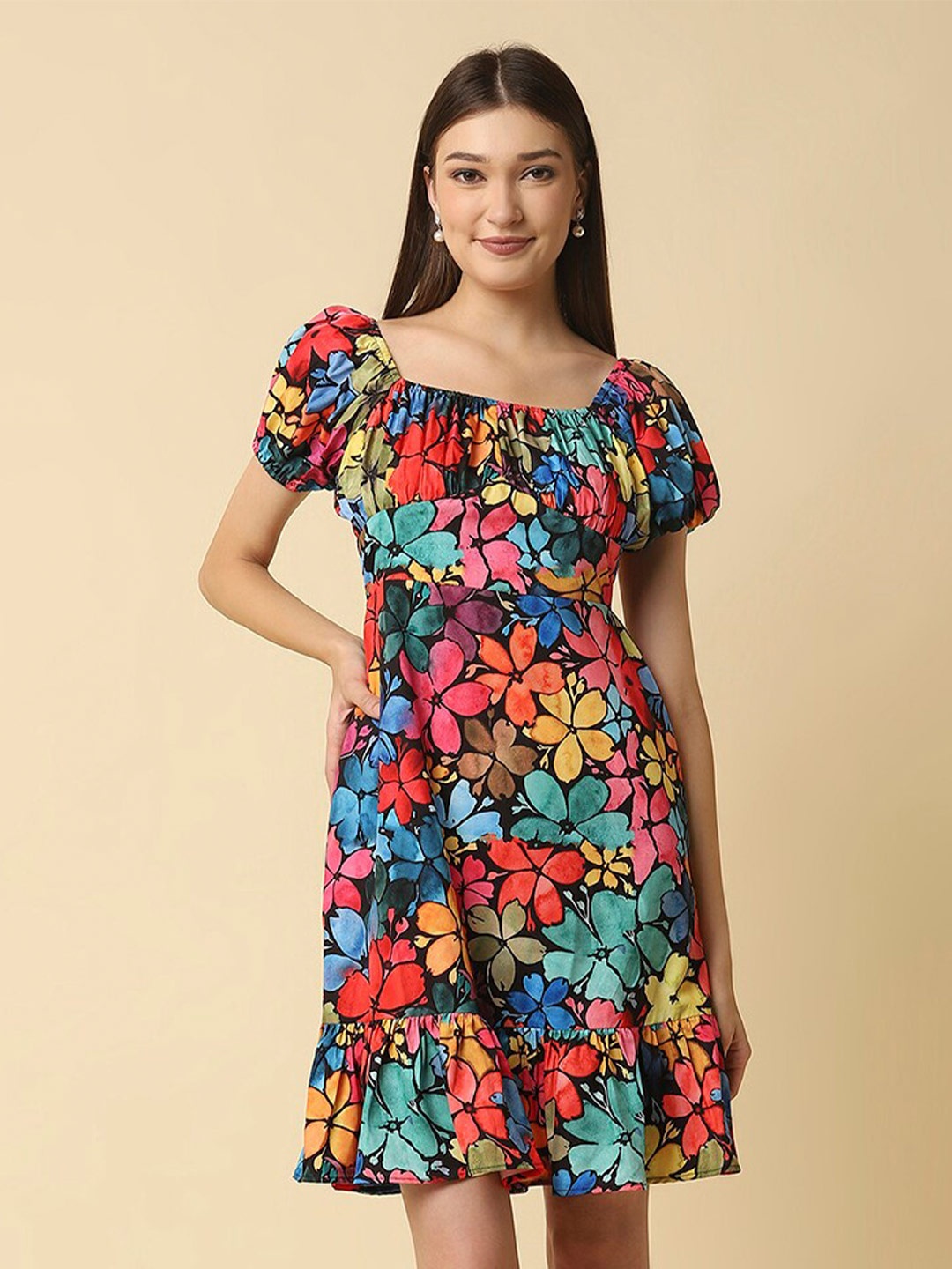 

RAASSIO Pink & Yellow Floral A-Line Dress