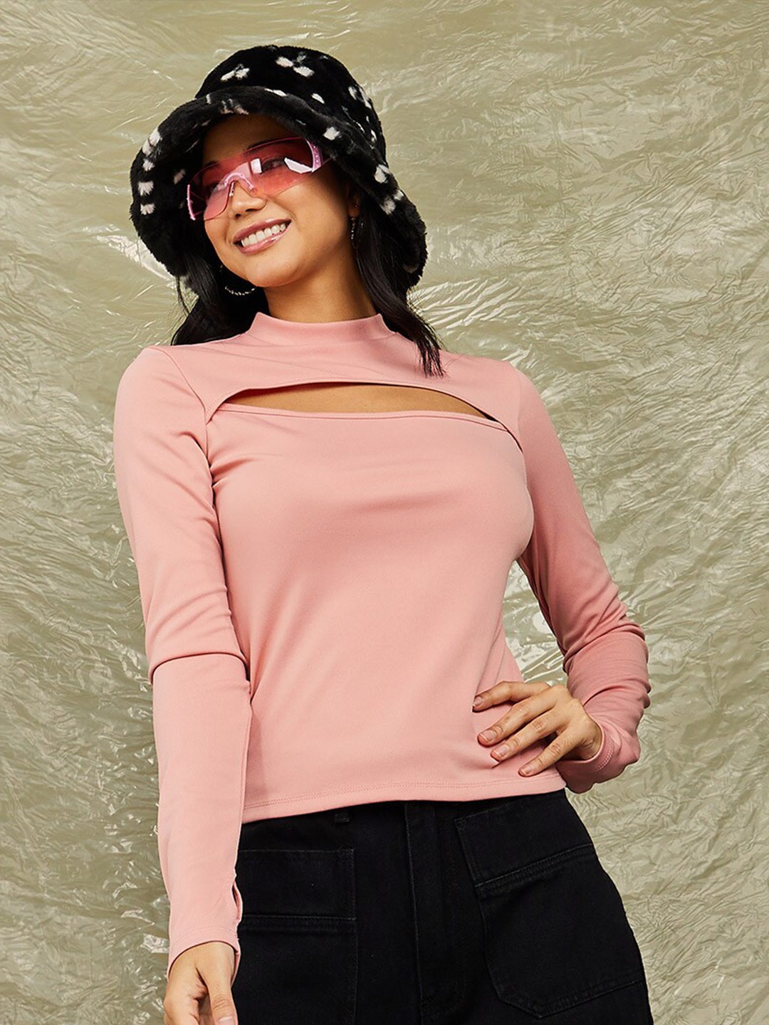 

Styli Long Sleeves High Neck Cut-Out Detail Slim Fit Knit Top, Pink