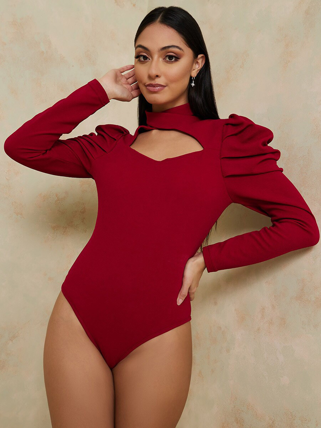 

Styli Long Puff Sleeves Cut-Out Keyhole Bodysuit, Burgundy