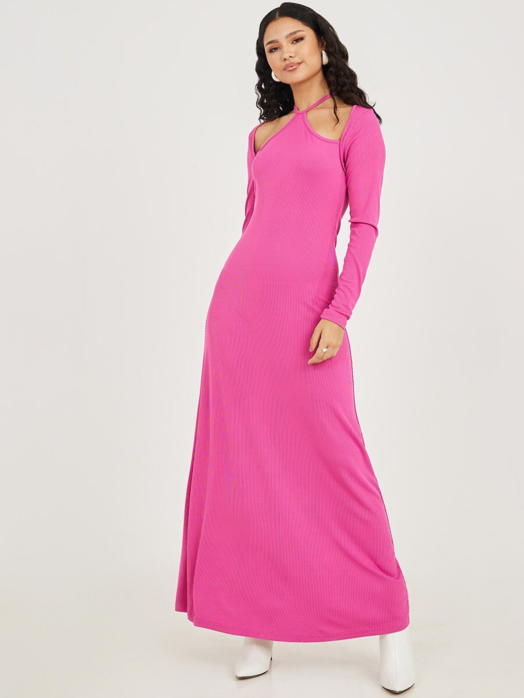 

Styli Long Sleeves Shoulder Straps Maxi Dress, Pink