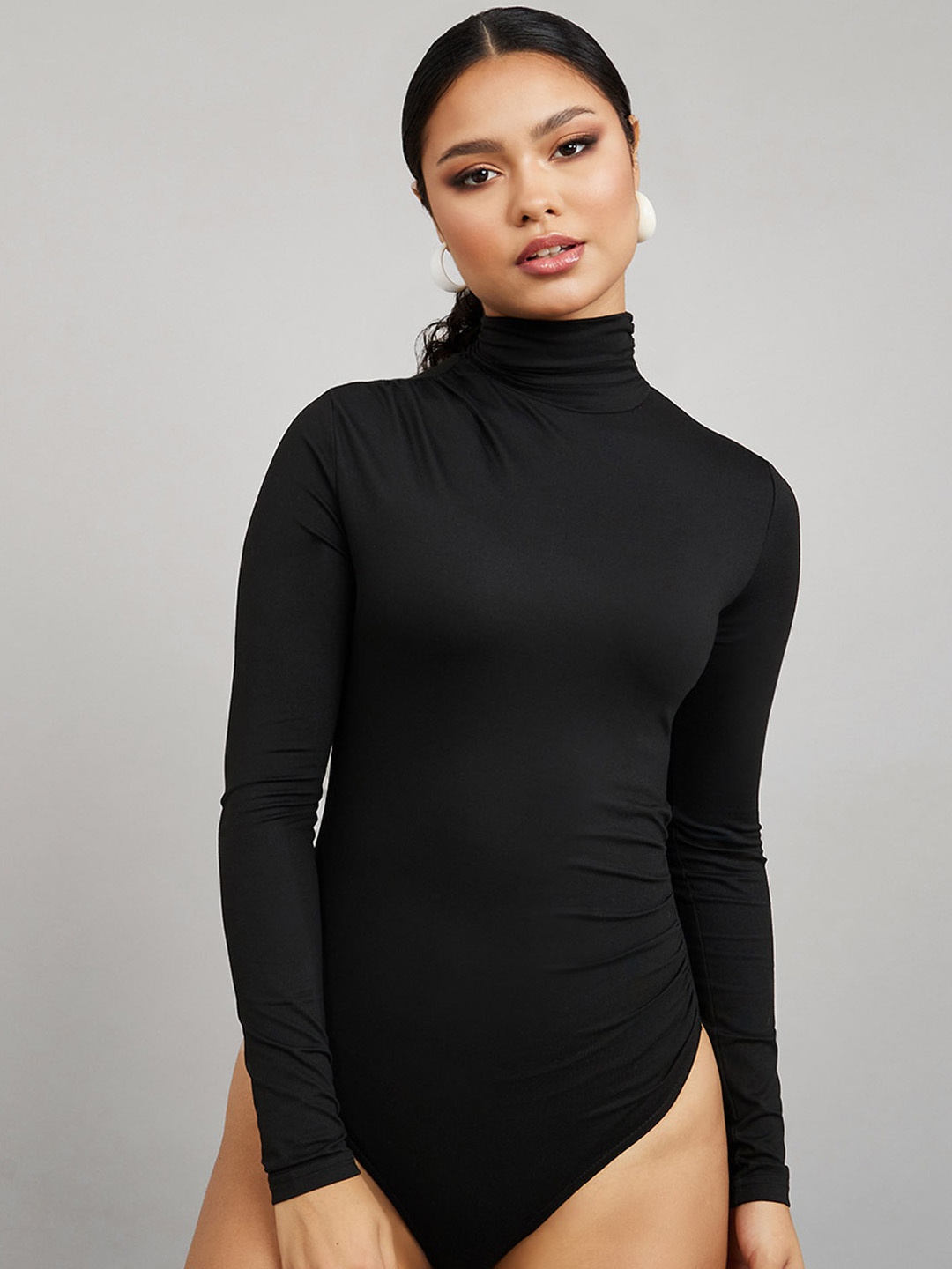 

Styli Long Sleeves High Neck Fitted Knit Bodysuit, Black