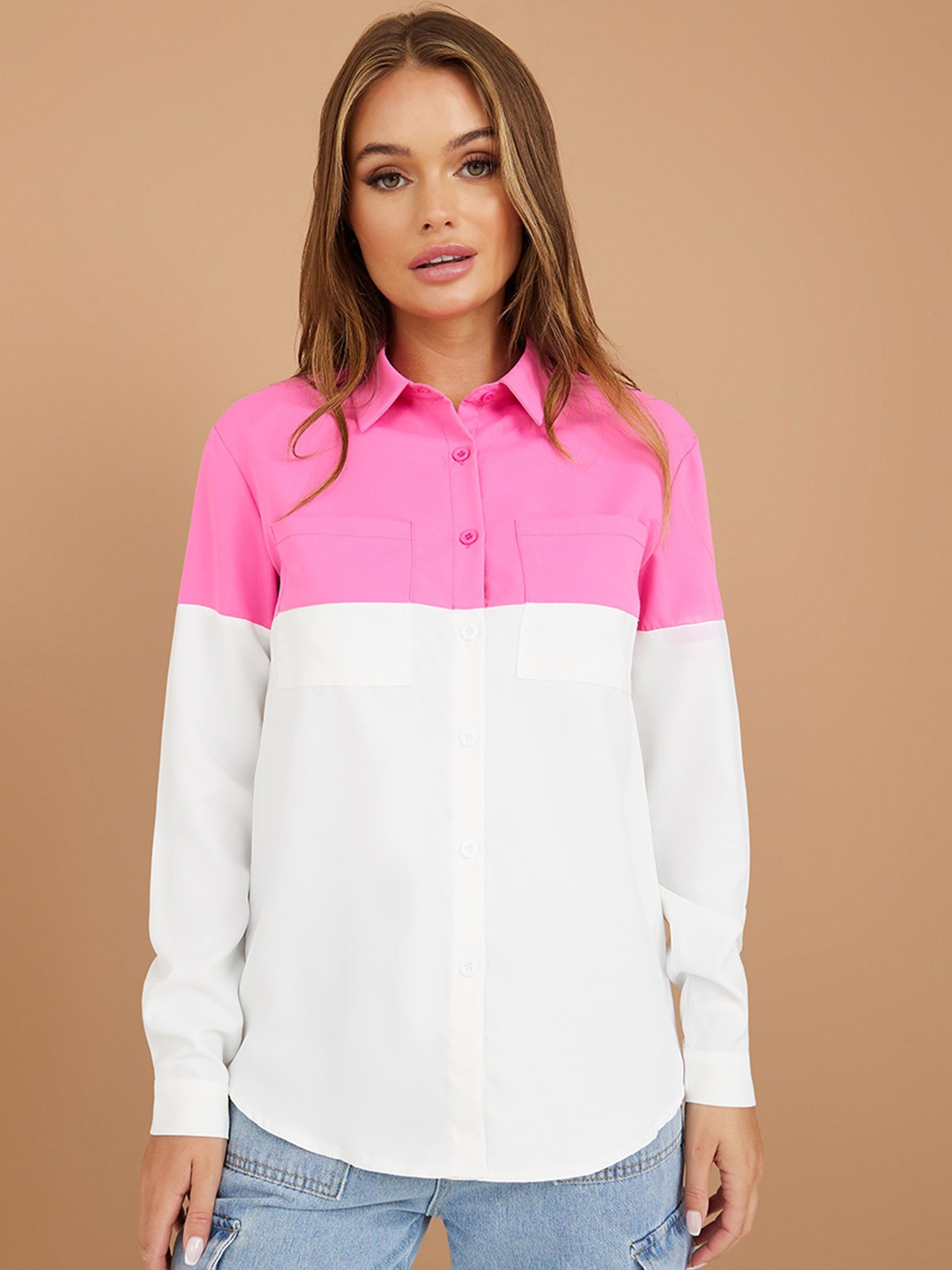

Styli Colourblocked Casual Shirt, Pink