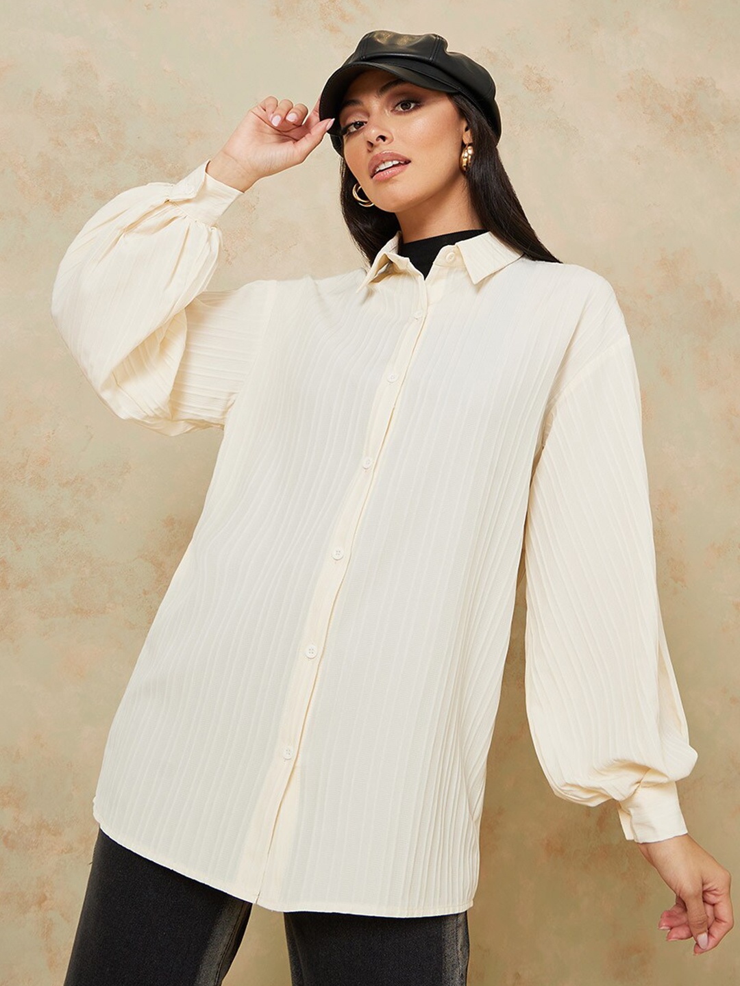

Styli Women Cream-Coloured Striped Casual Shirt