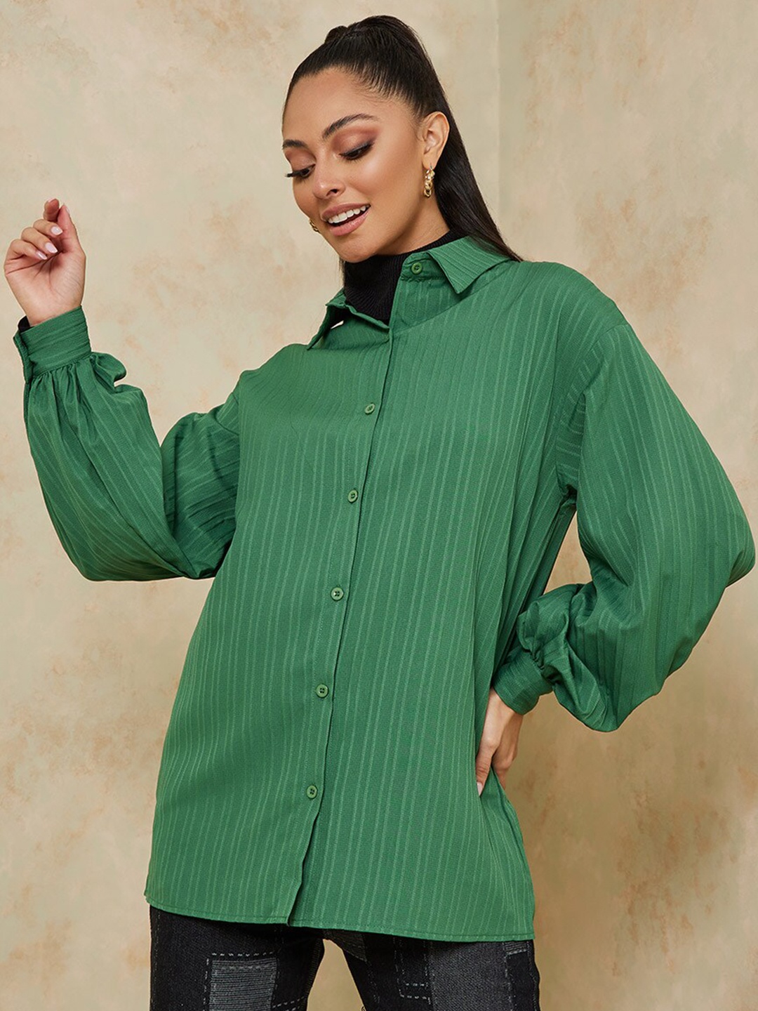 

Styli Women Green Long Sleeves Textured Button Up Oversized Longline Shirt