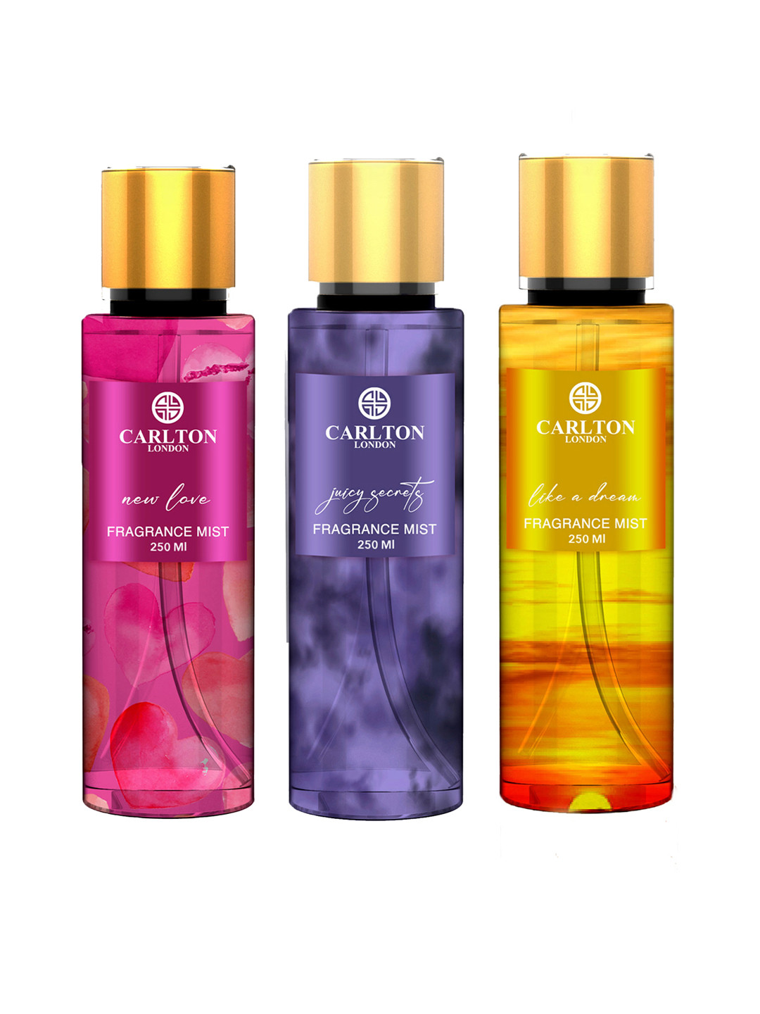 

Carlton London Set of 3 Body Mists 250ml Each - Like A Dream + Juicy Secrets + New Love, Pink