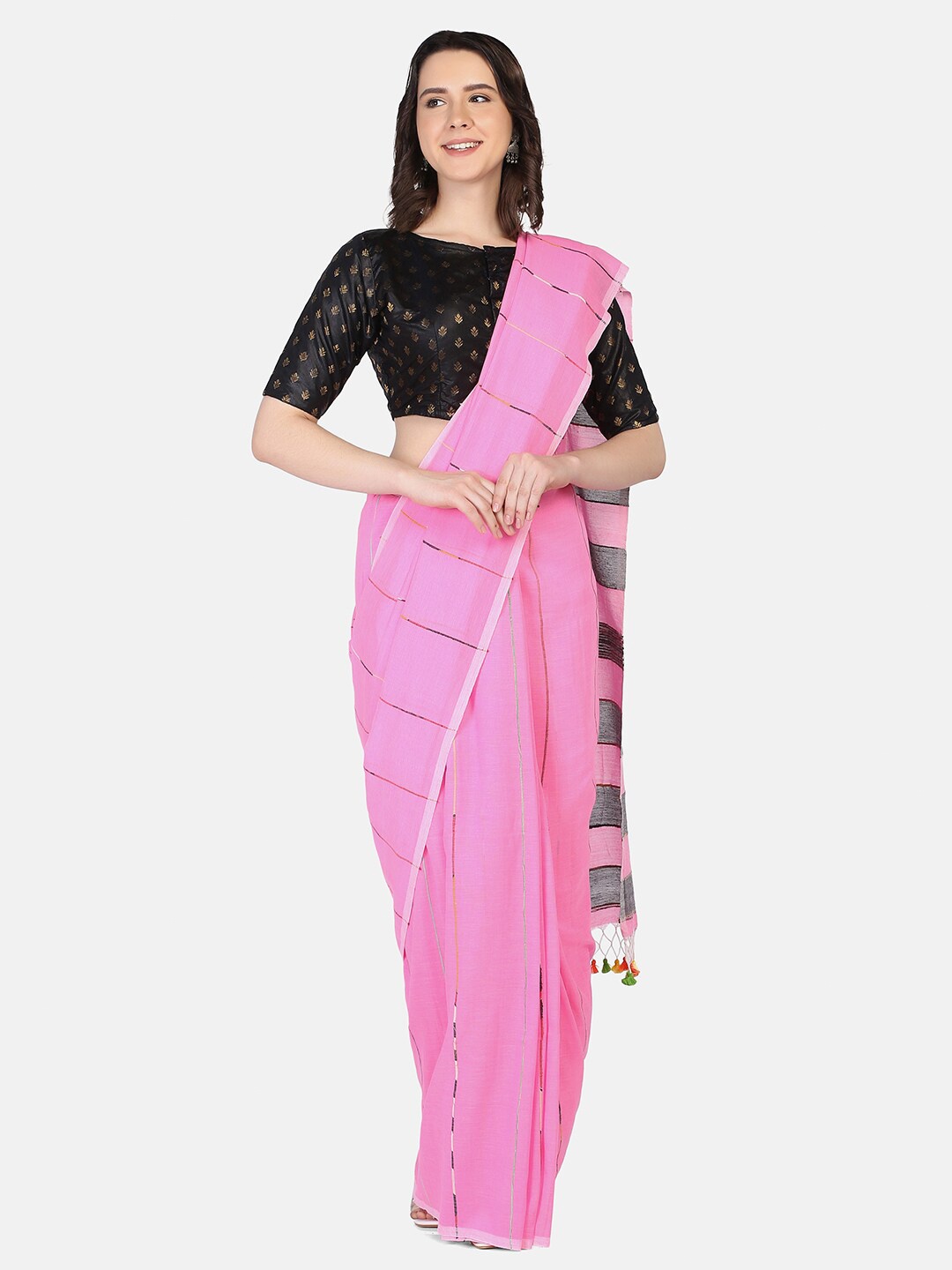 

THE WEAVE TRAVELLER Pink & Grey Woven Design Saree