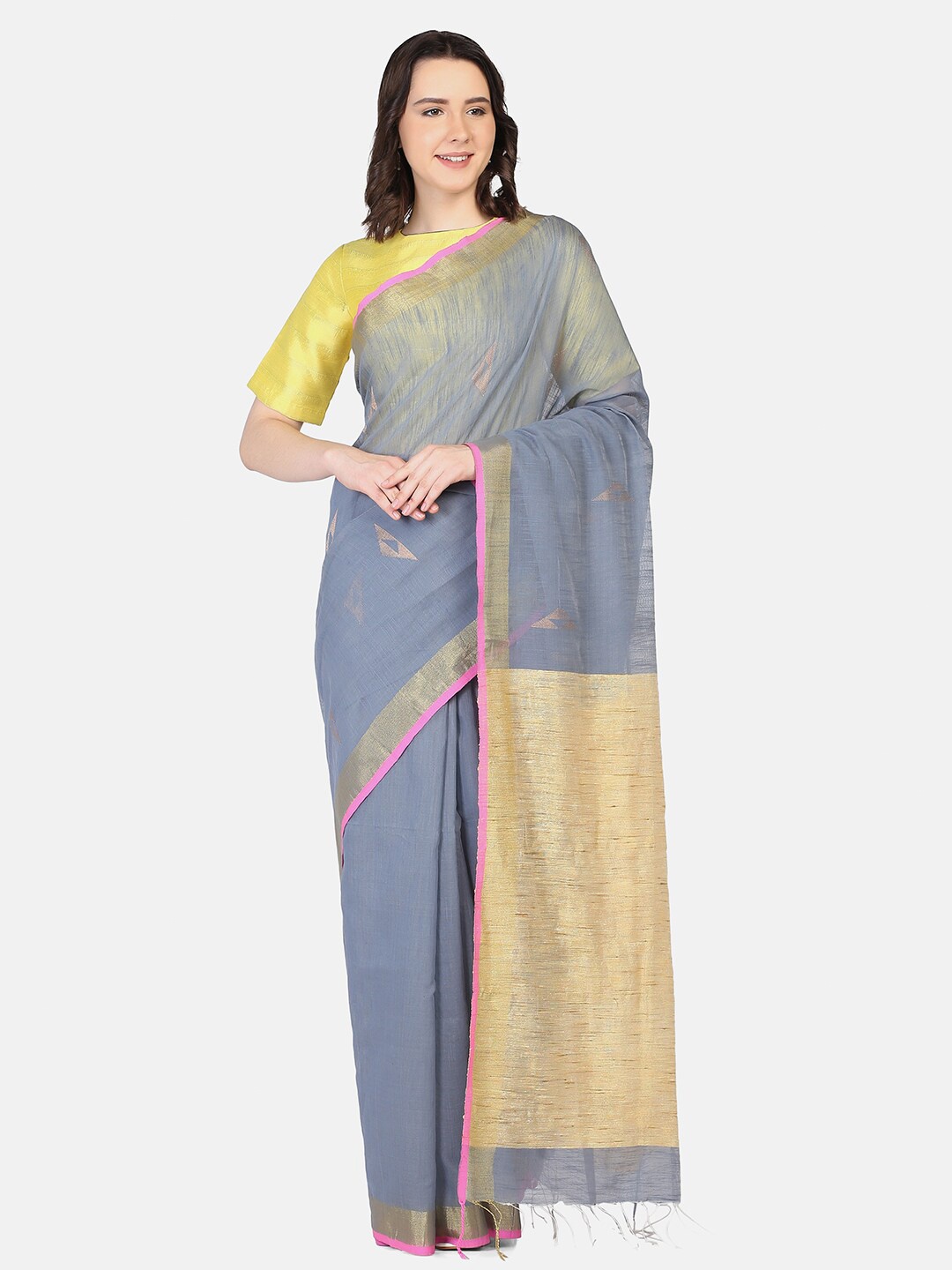 

THE WEAVE TRAVELLER Grey & Gold-Toned Woven Design Zari Jamdani Saree