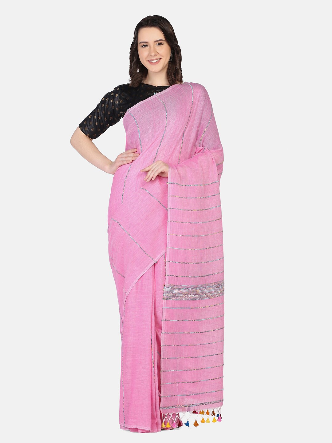 

THE WEAVE TRAVELLER Pink & Silver-Toned Woven Design Zari Saree