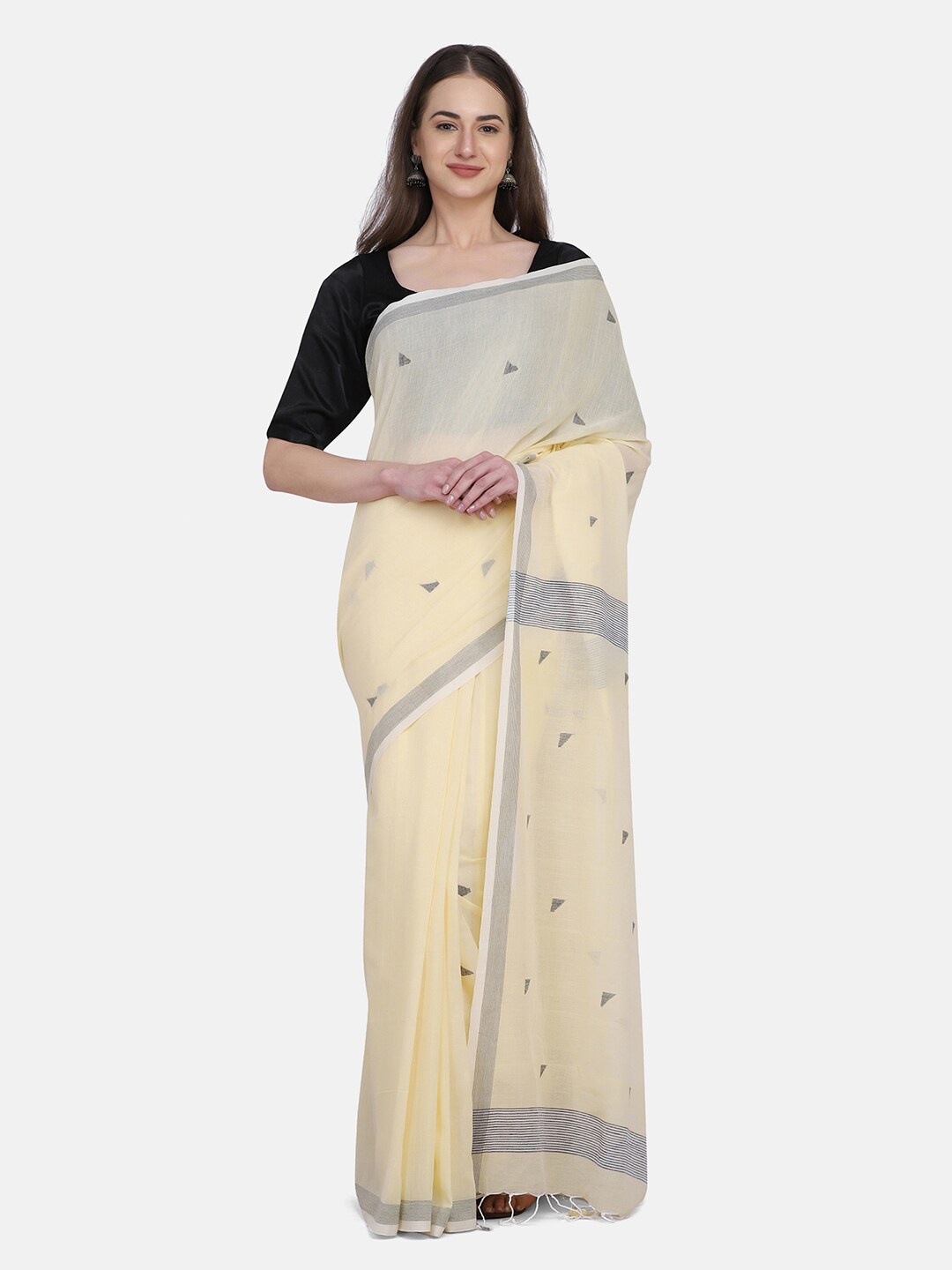 

THE WEAVE TRAVELLER Yellow & Grey Woven Design Zari Pure Cotton Jamdani Saree