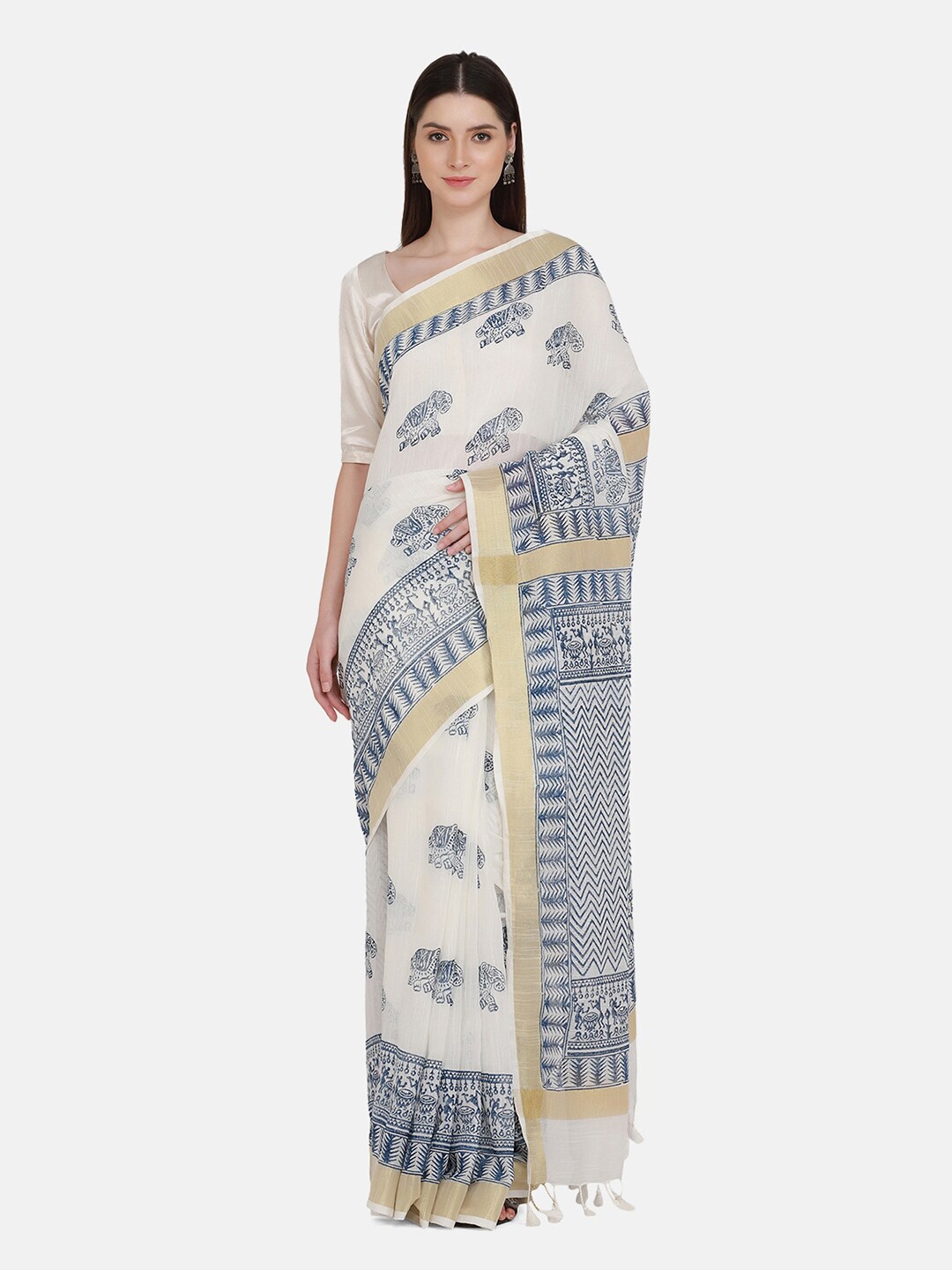 

THE WEAVE TRAVELLER Off White & Blue Ethnic Motifs Zari Kasavu Saree