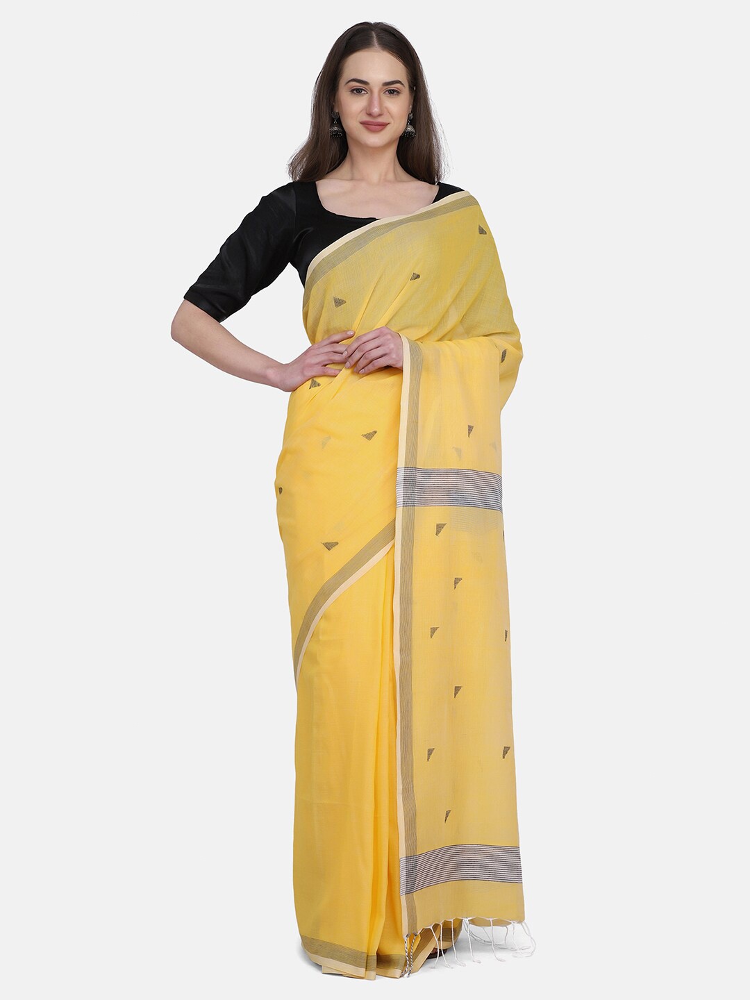 

THE WEAVE TRAVELLER Yellow & Blue Woven Design Zari Pure Cotton Jamdani Saree