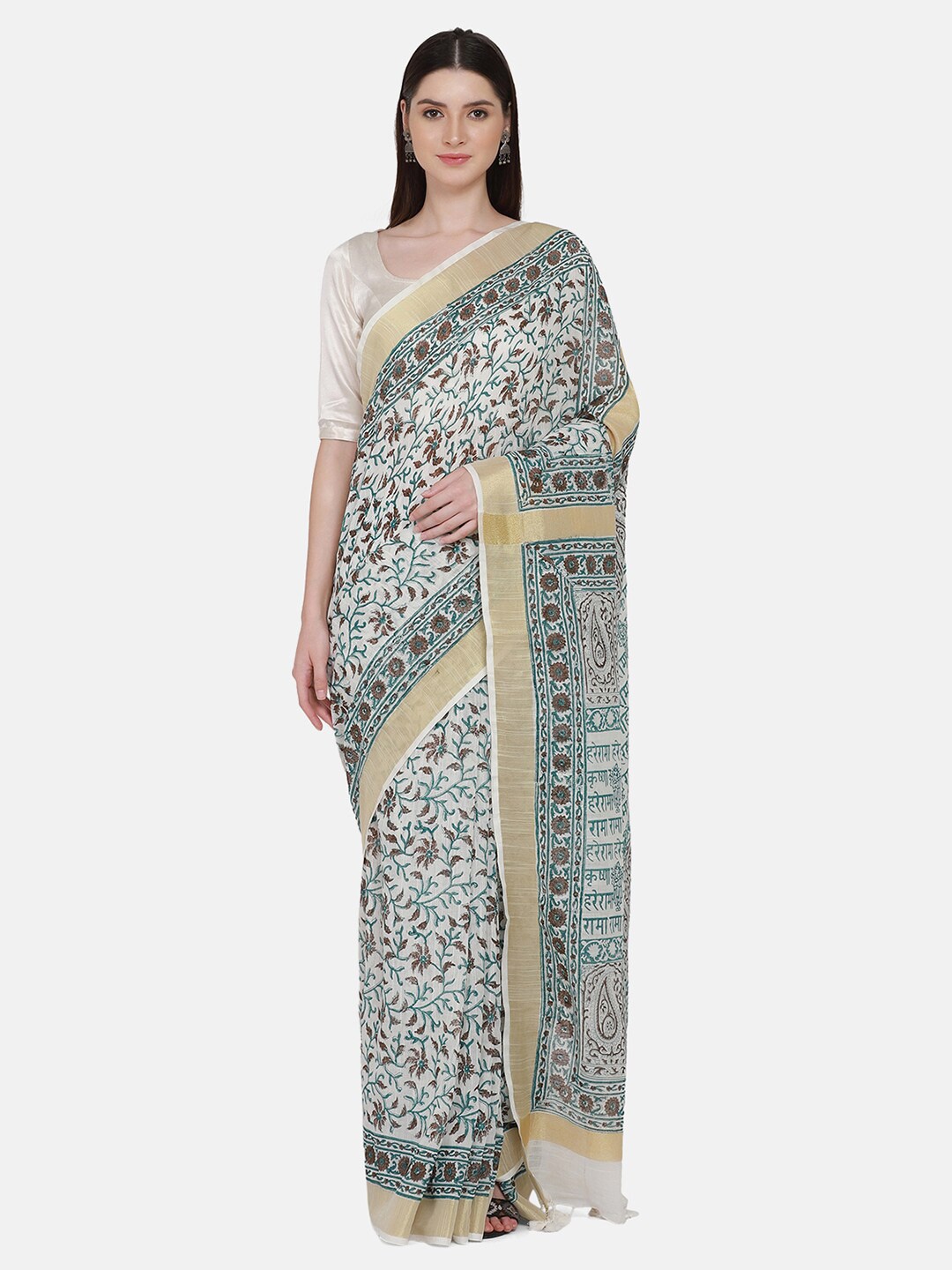 

THE WEAVE TRAVELLER Off White & Brown Floral Zari Kasavu Saree