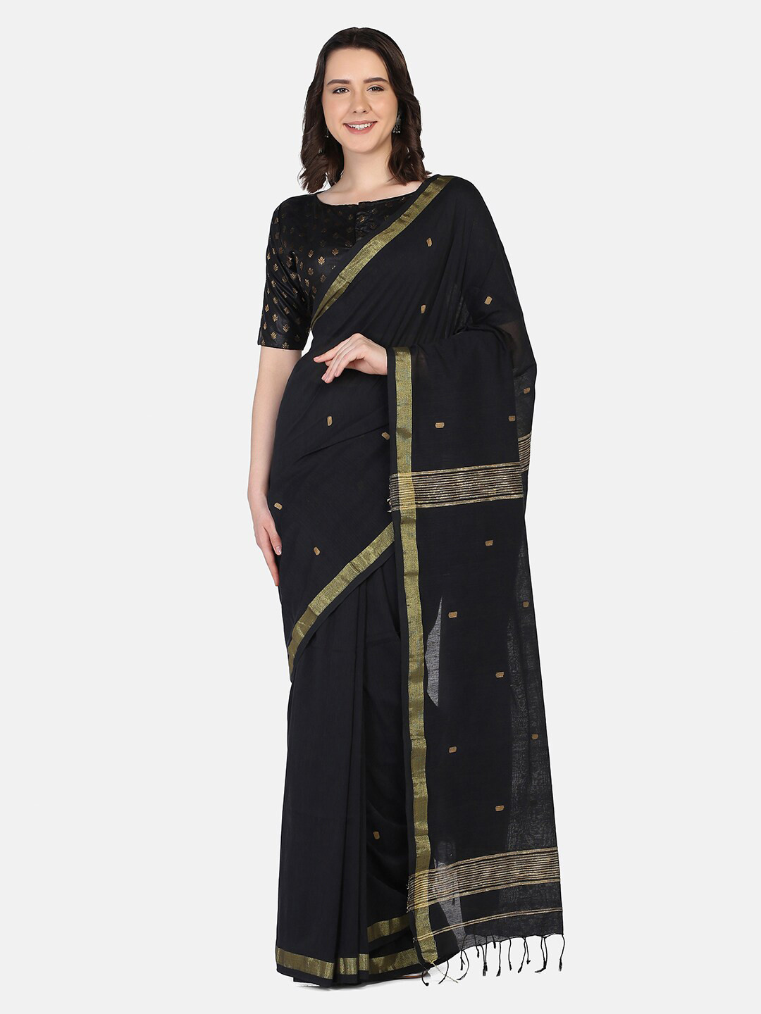 

THE WEAVE TRAVELLER Black & Gold-Toned Woven Design Zari Pure Cotton Jamdani Saree