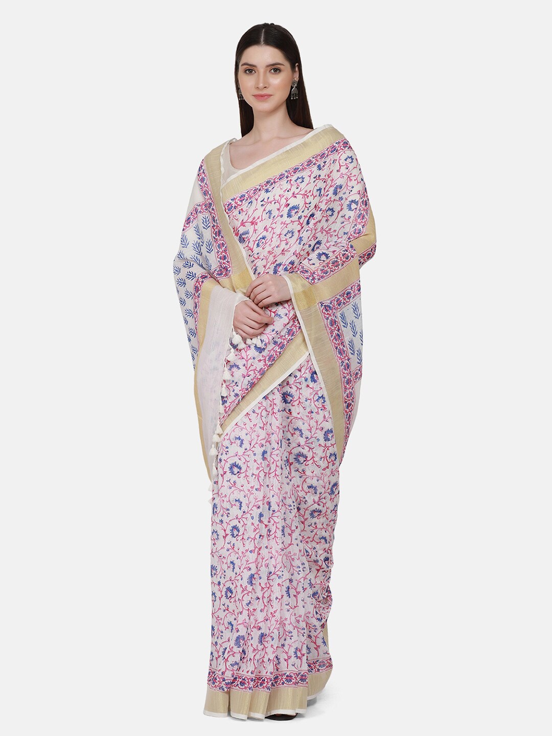 

THE WEAVE TRAVELLER Off White & Pink Floral Zari Kasavu Saree