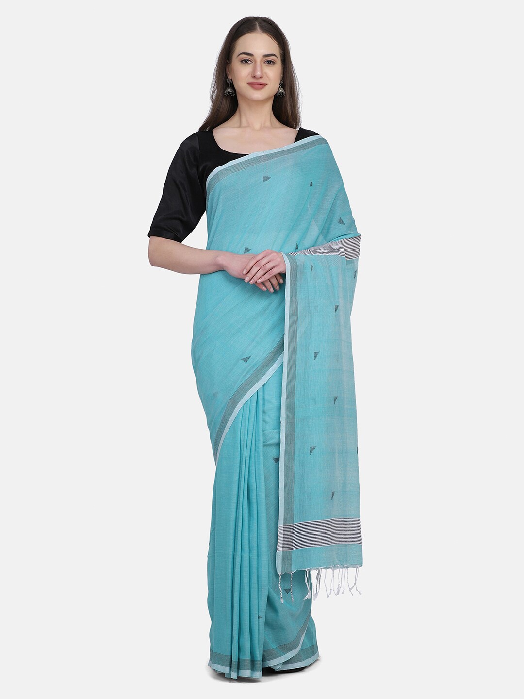 

THE WEAVE TRAVELLER Sea Green & White Woven Design Zari Pure Cotton Jamdani Saree