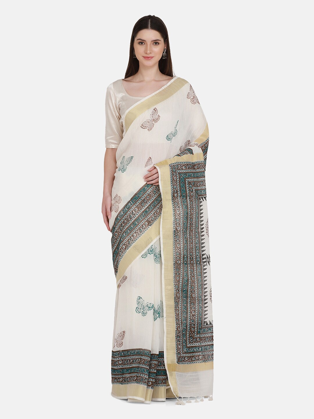 

THE WEAVE TRAVELLER Off White & Brown Zari Kasavu Saree