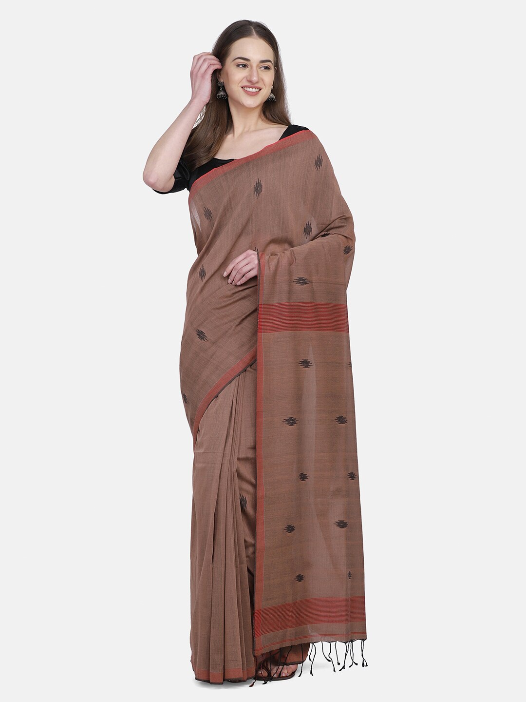 

THE WEAVE TRAVELLER Brown & Orange Woven Design Zari Pure Cotton Jamdani Saree
