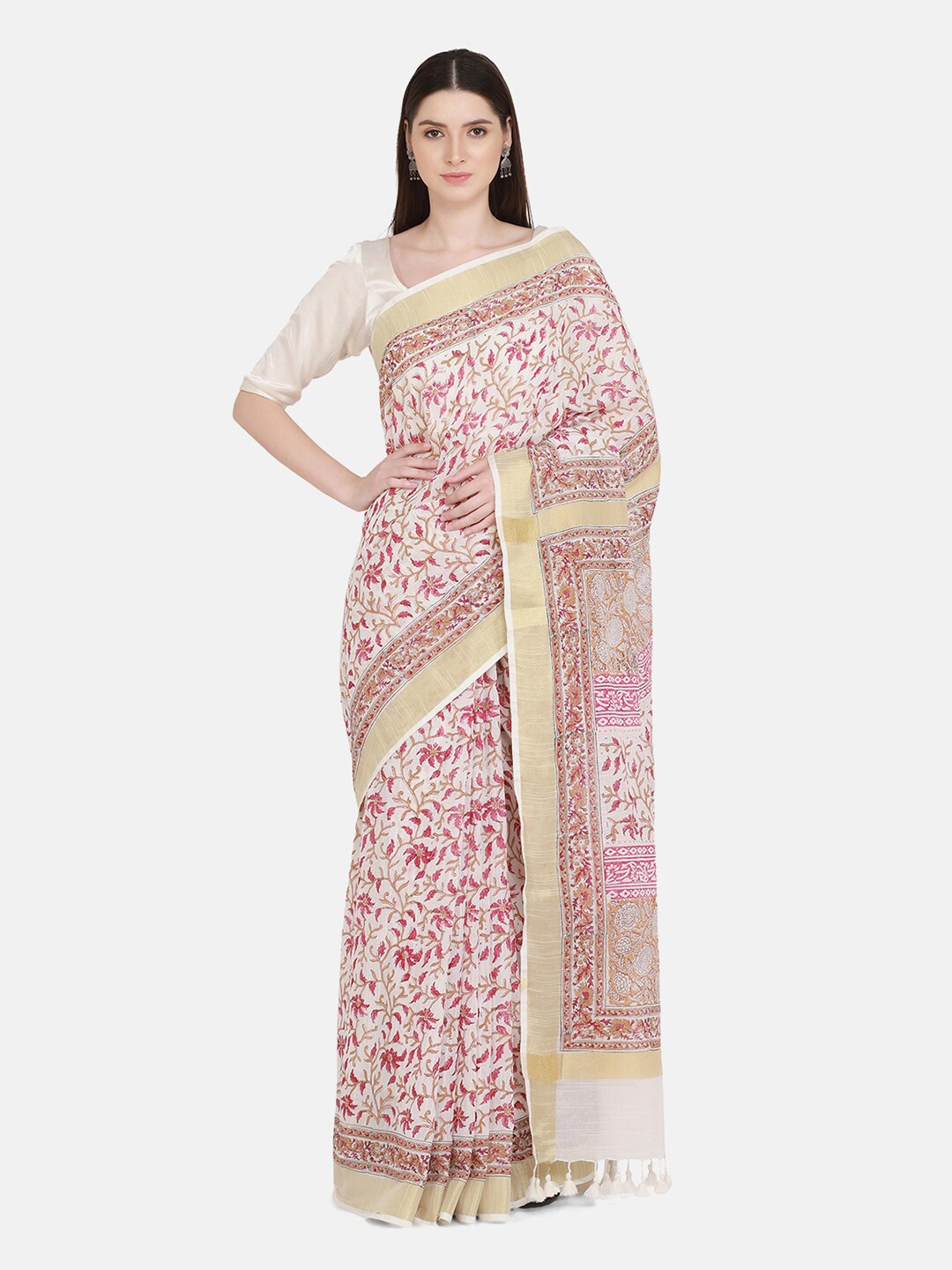 

THE WEAVE TRAVELLER Off White & Pink Floral Zari Kasavu Saree