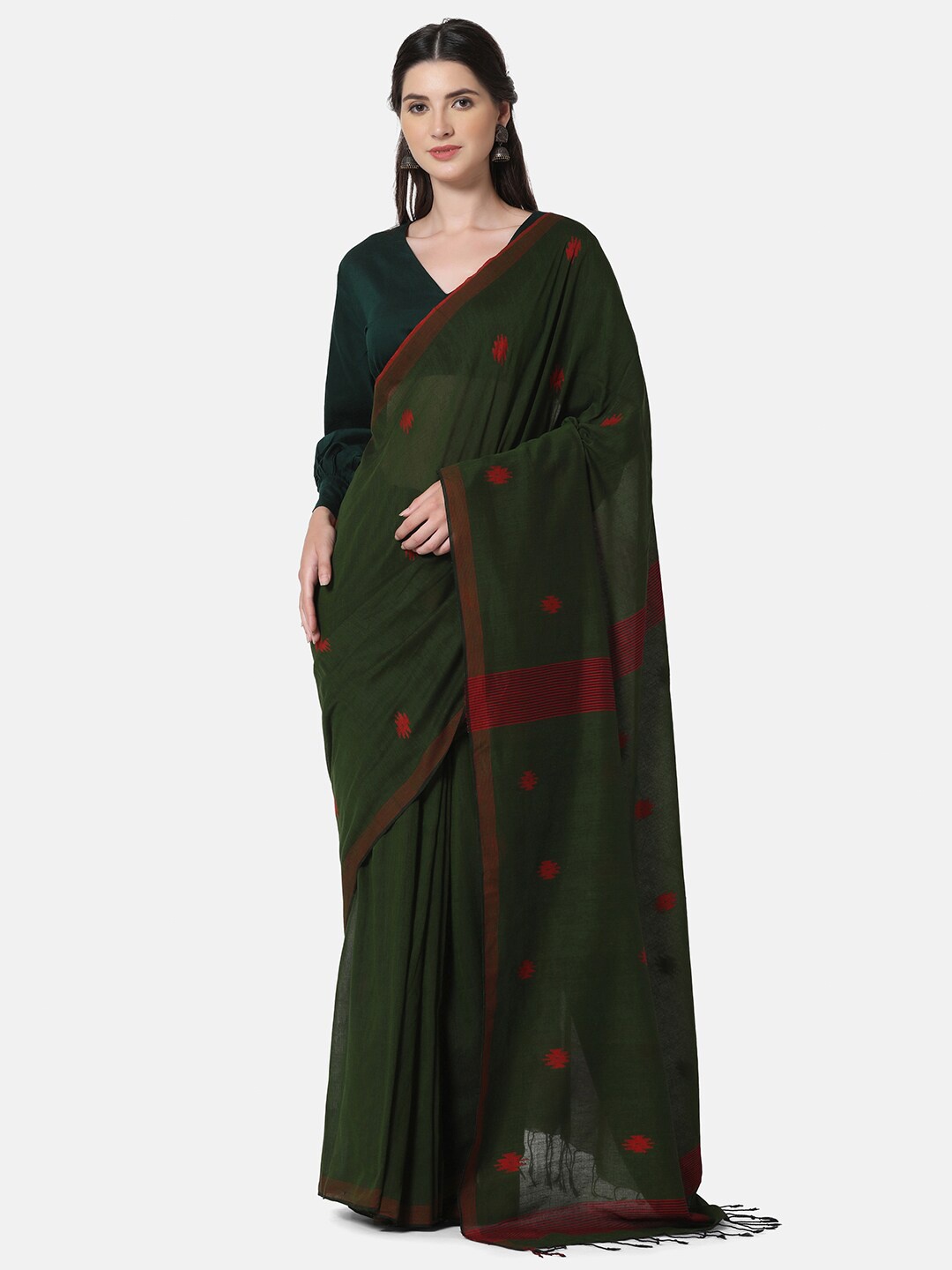 

THE WEAVE TRAVELLER Green & Red Woven Design Zari Pure Cotton Jamdani Saree