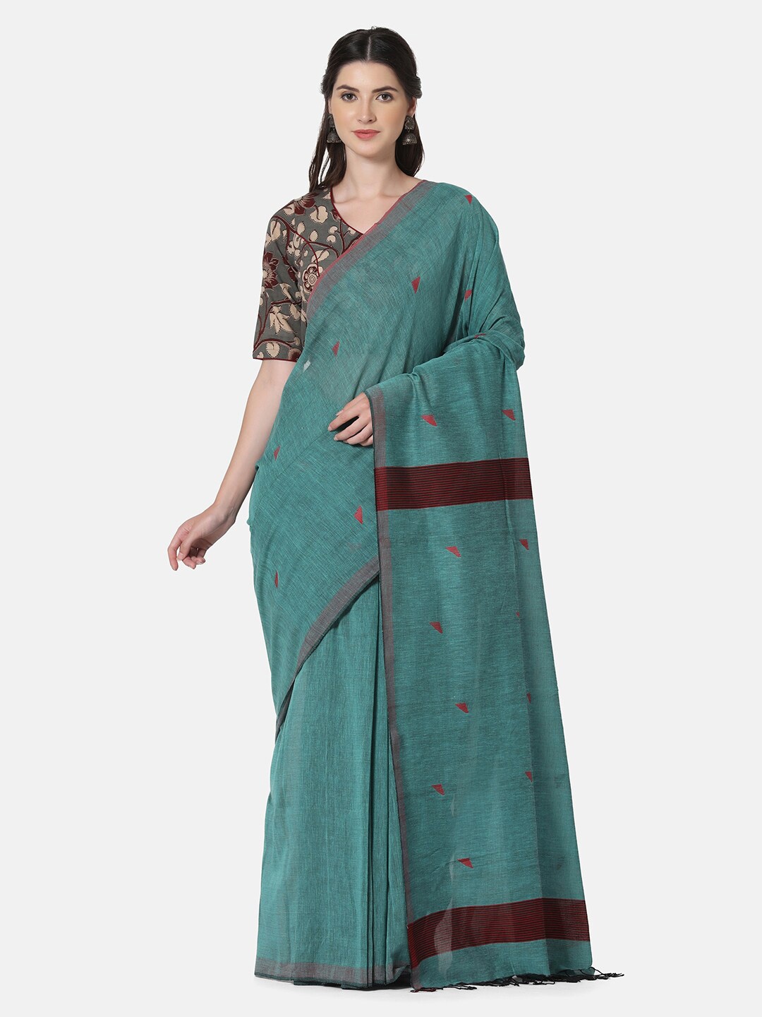 

THE WEAVE TRAVELLER Teal & Maroon Woven Design Zari Pure Cotton Jamdani Saree