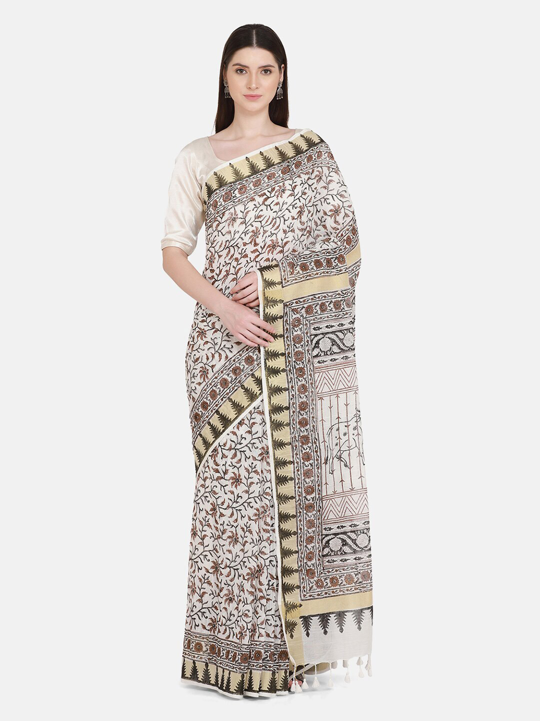 

THE WEAVE TRAVELLER Off White & Brown Floral Zari Kasavu Saree