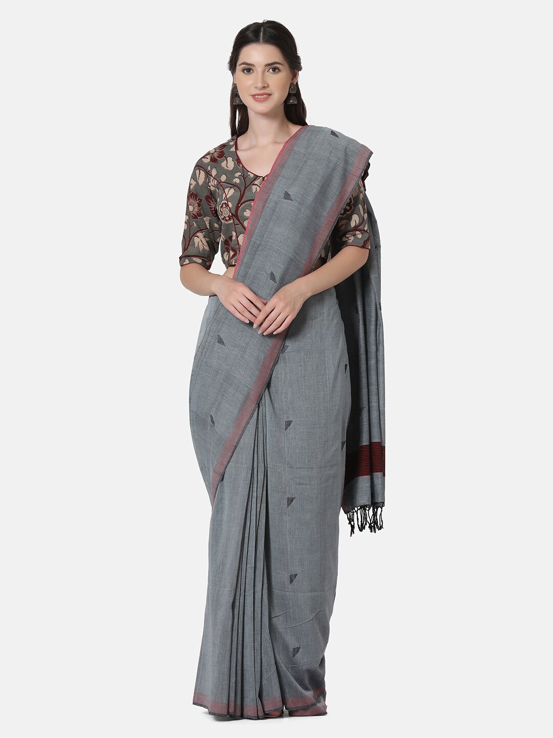 

THE WEAVE TRAVELLER Grey & Brown Woven Design Zari Pure Cotton Jamdani Saree