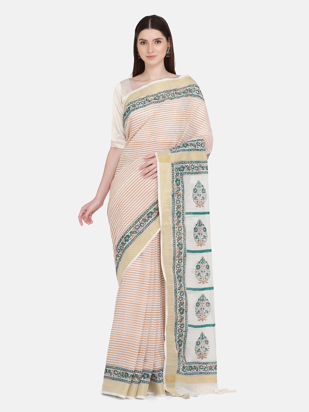 

THE WEAVE TRAVELLER Off White & Orange Striped Zari Kasavu Saree