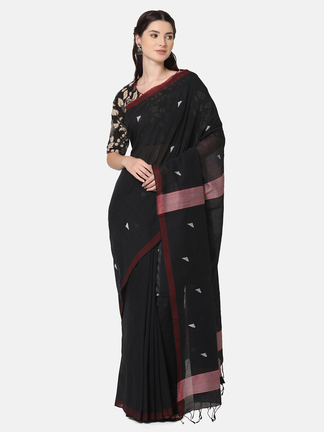 

THE WEAVE TRAVELLER Black & Pink Woven Design Zari Pure Cotton Jamdani Saree