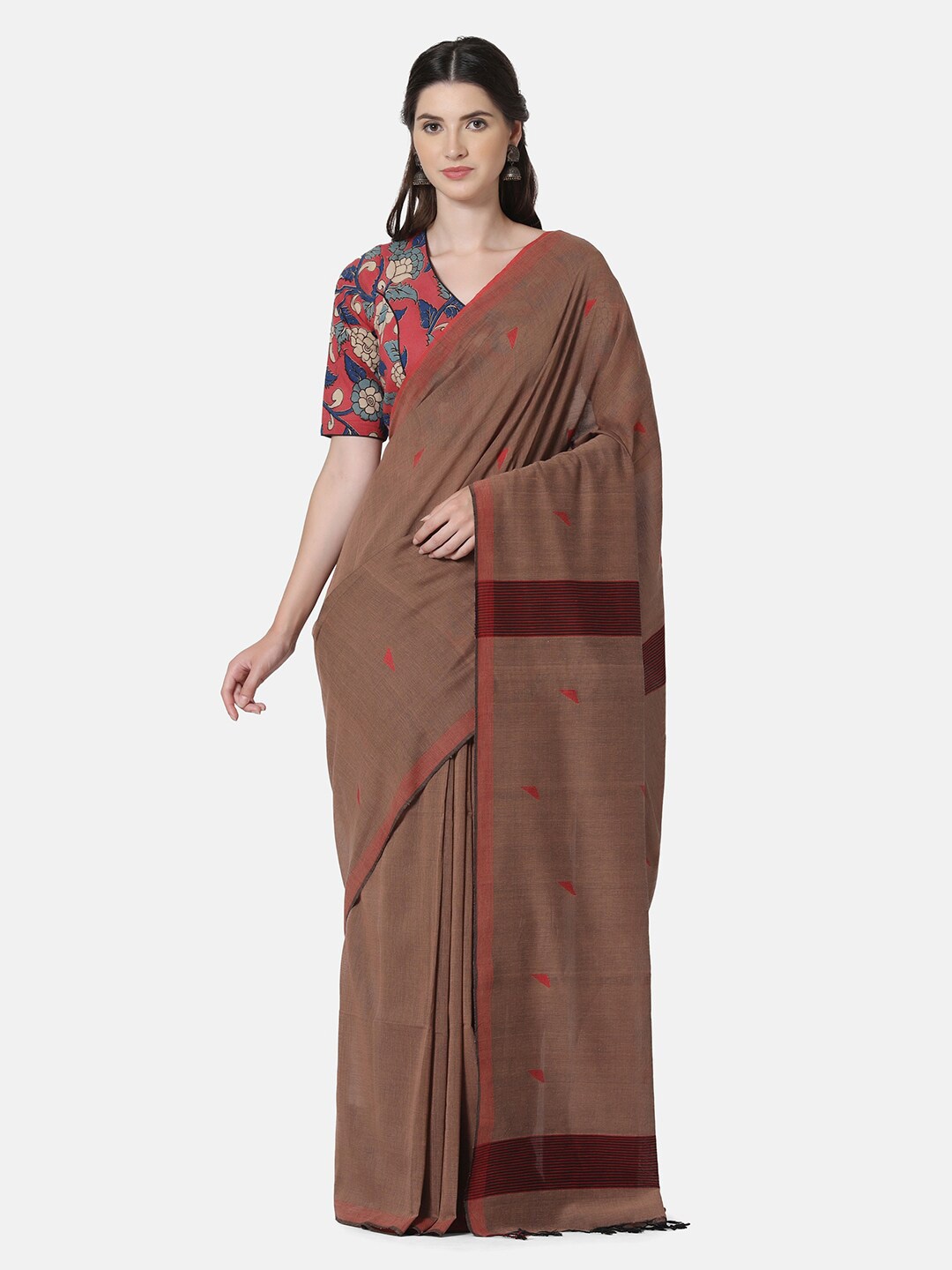 

THE WEAVE TRAVELLER Brown & Orange Woven Design Zari Pure Cotton Jamdani Saree