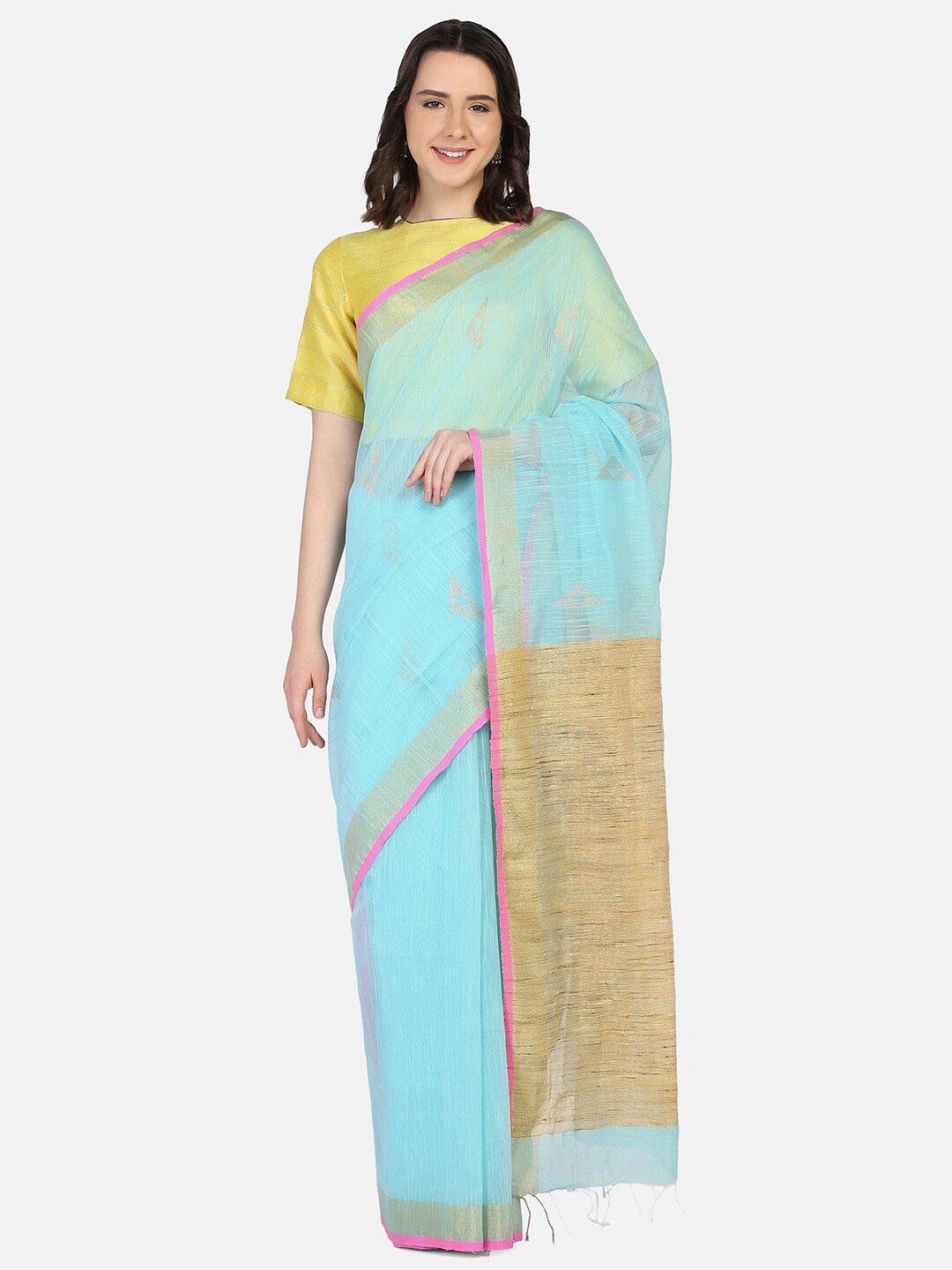 

THE WEAVE TRAVELLER Blue & Gold-Toned Woven Design Zari Jamdani Saree