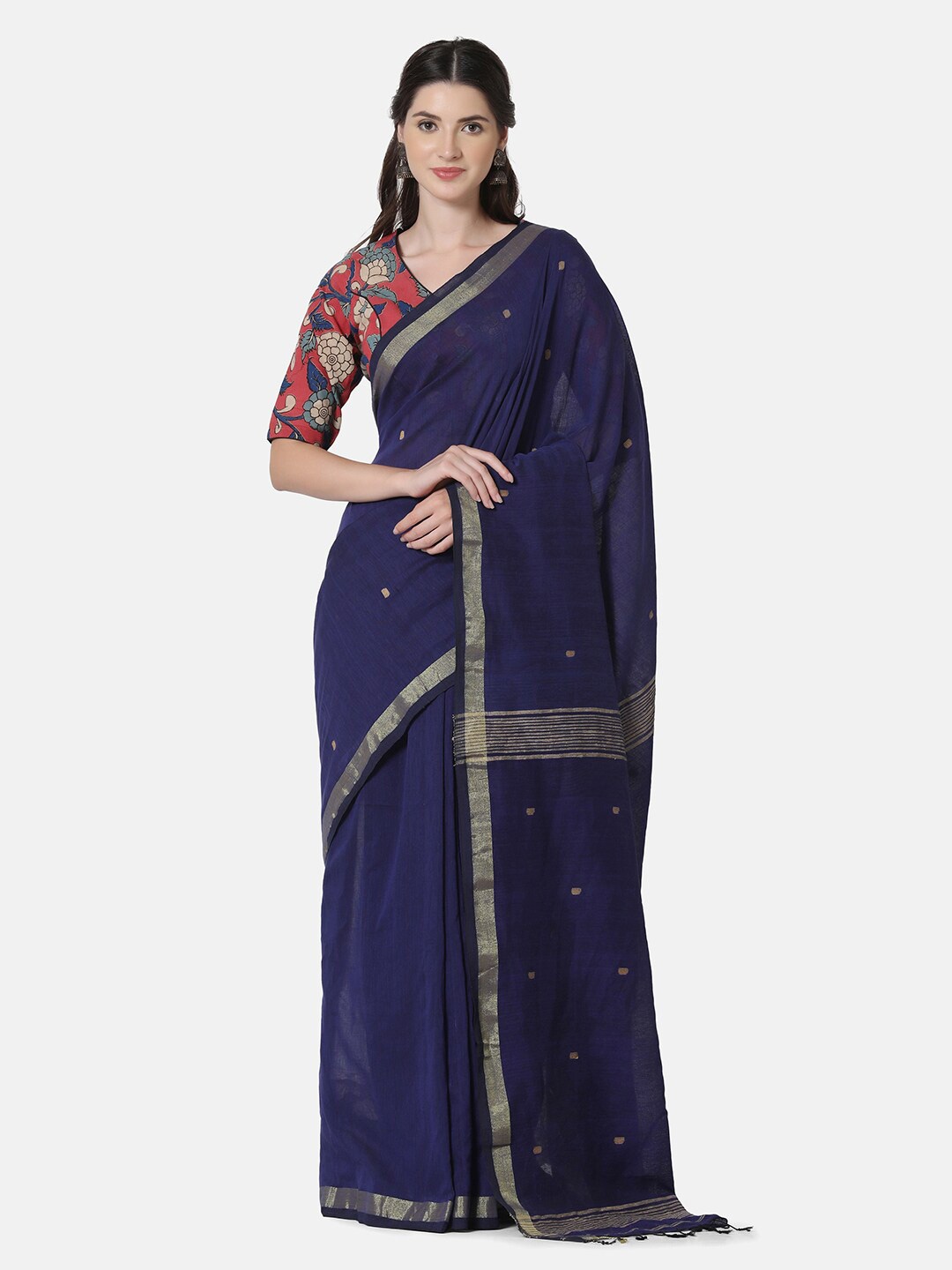 

THE WEAVE TRAVELLER Navy Blue & Gold-Toned Woven Design Zari Pure Cotton Jamdani Saree