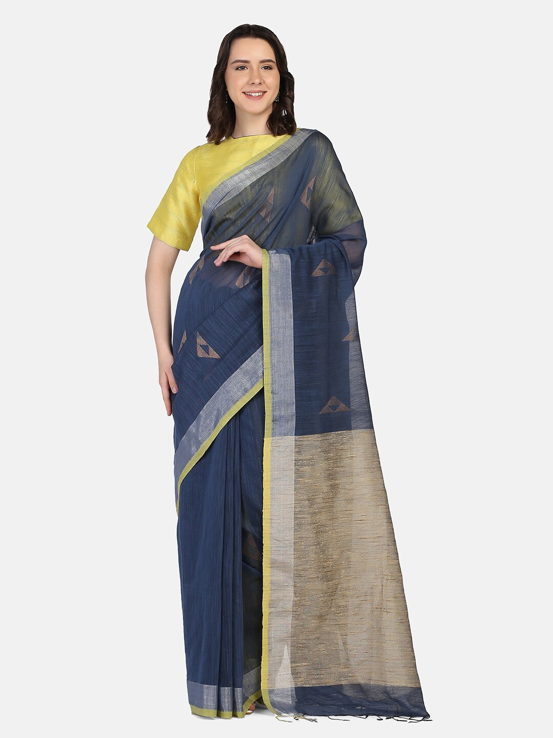 

THE WEAVE TRAVELLER Navy Blue & Gold-Toned Woven Design Zari Jamdani Saree