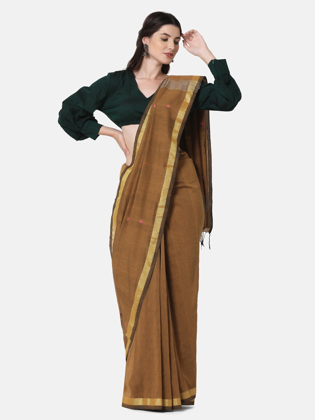 

THE WEAVE TRAVELLER Brown & Pink Woven Design Zari Pure Cotton Jamdani Saree