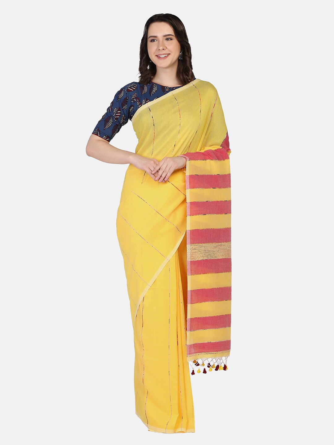 

THE WEAVE TRAVELLER Yellow & Red Woven Design Zari Saree