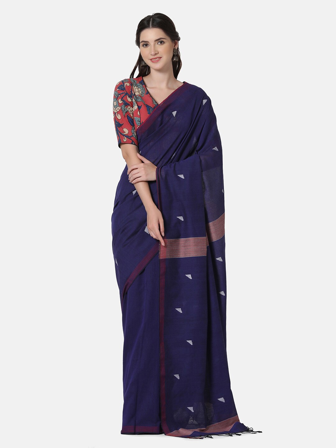 

THE WEAVE TRAVELLER Navy Blue & White Woven Design Zari Pure Cotton Jamdani Saree