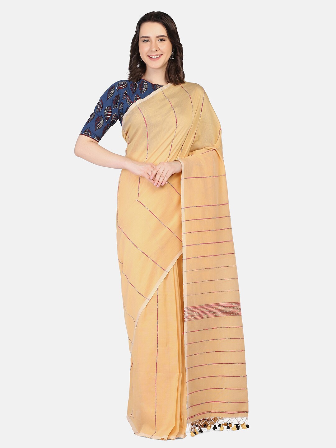 

THE WEAVE TRAVELLER Yellow & Brown Woven Design Zari Saree