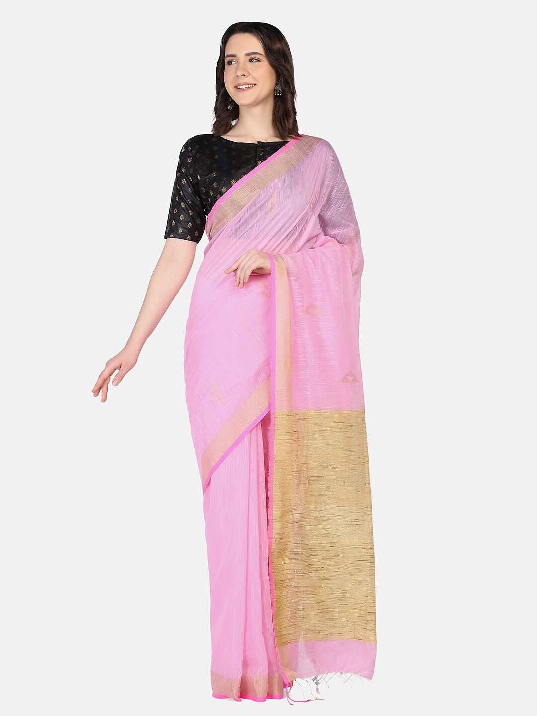 

THE WEAVE TRAVELLER Pink & Gold-Toned Woven Design Zari Jamdani Saree
