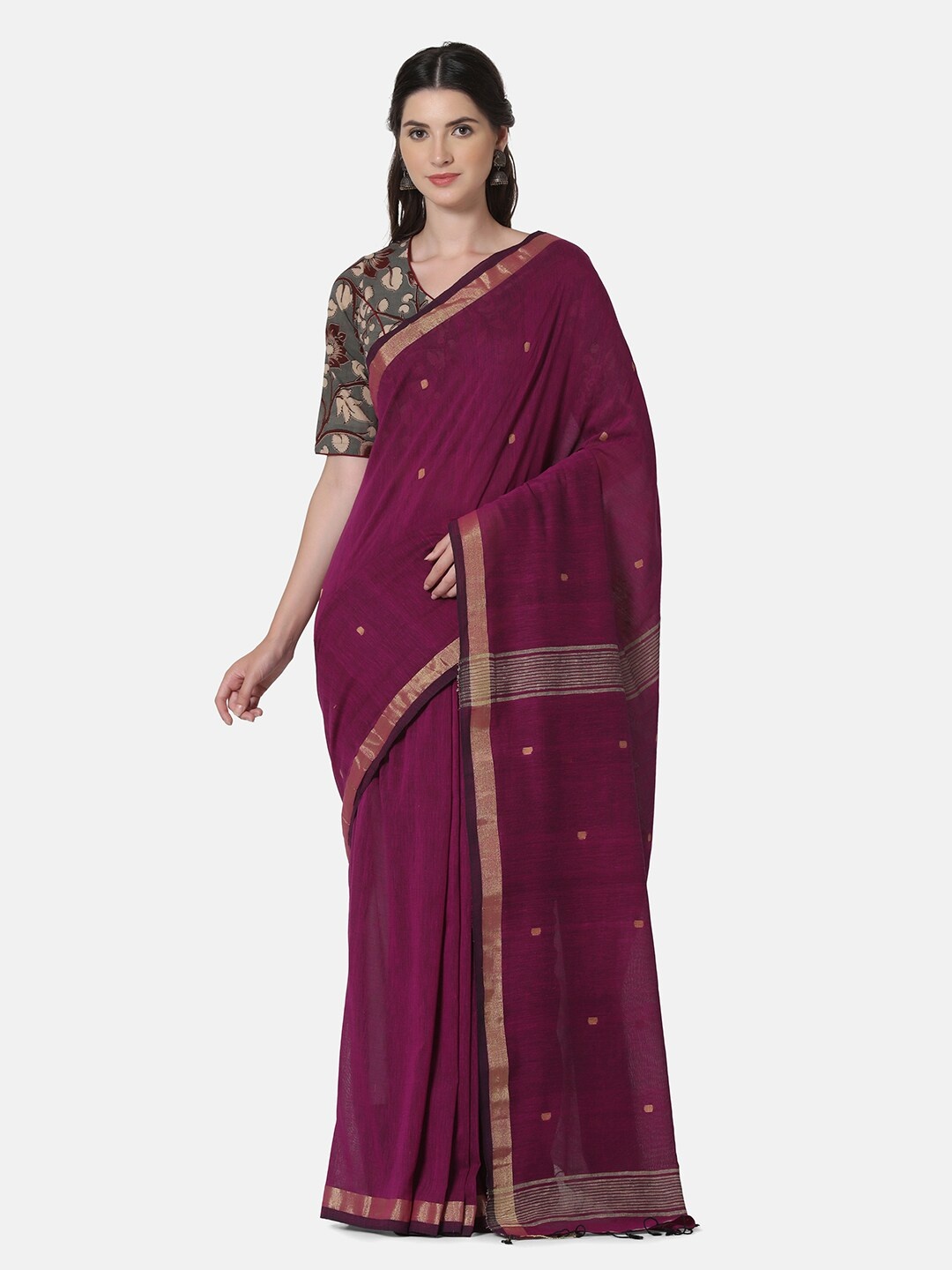 

THE WEAVE TRAVELLER Magenta & Gold-Toned Woven Design Zari Pure Cotton Jamdani Saree
