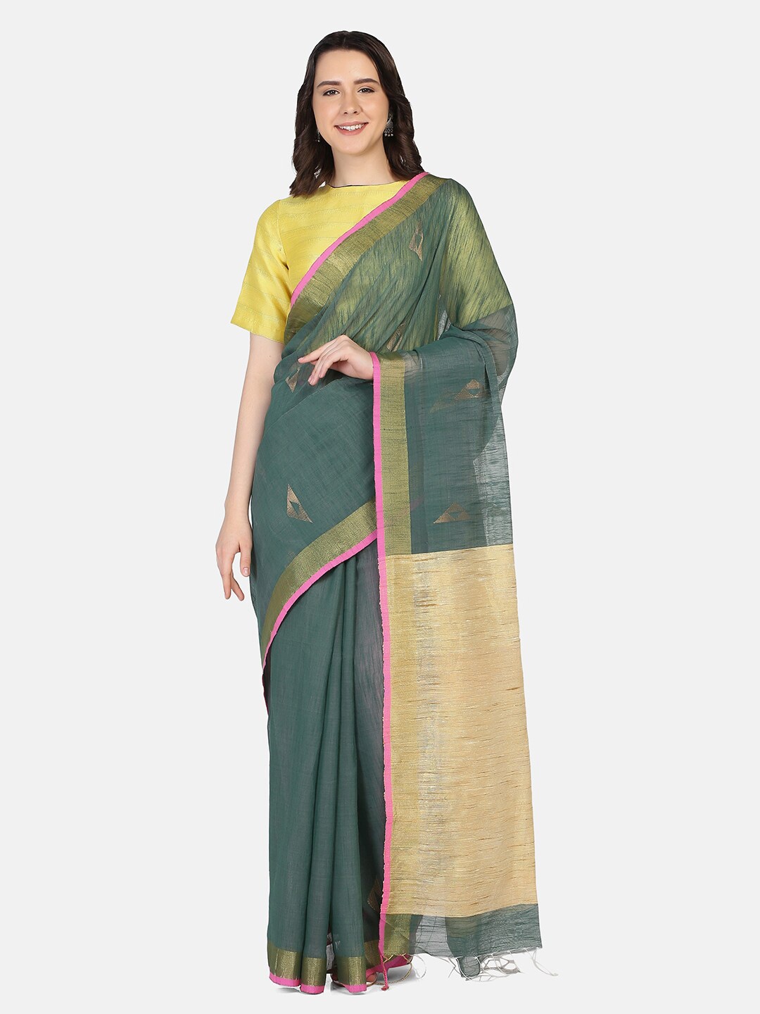 

THE WEAVE TRAVELLER Green & Gold-Toned Woven Design Zari Jamdani Saree