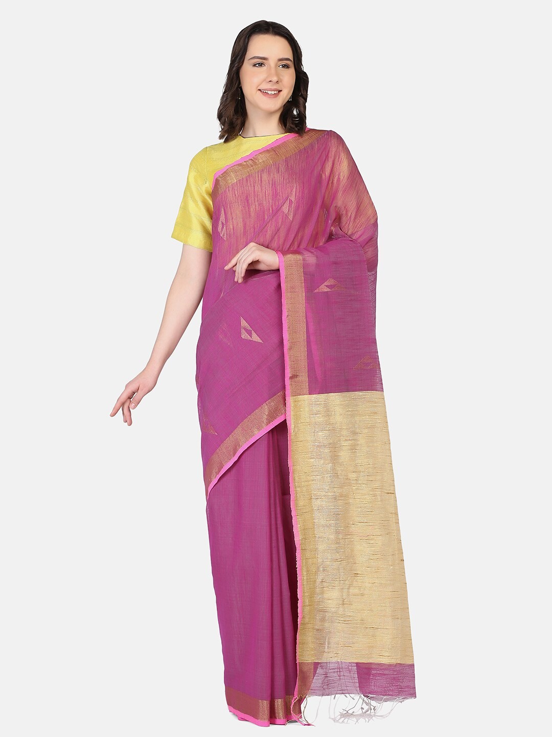 

THE WEAVE TRAVELLER Pink & Gold-Toned Woven Design Zari Jamdani Saree
