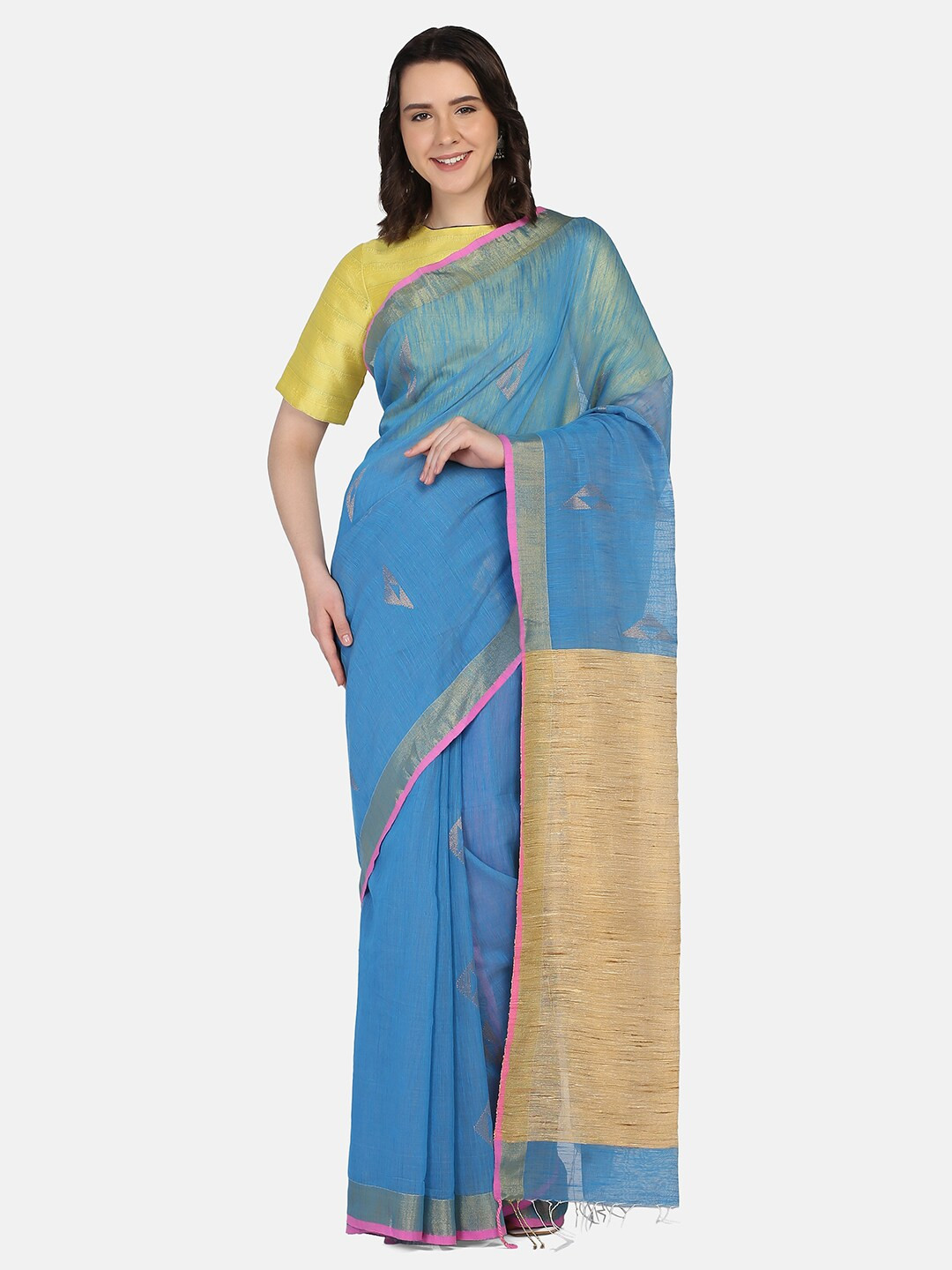 

THE WEAVE TRAVELLER Turquoise Blue & Gold-Toned Woven Design Zari Jamdani Saree