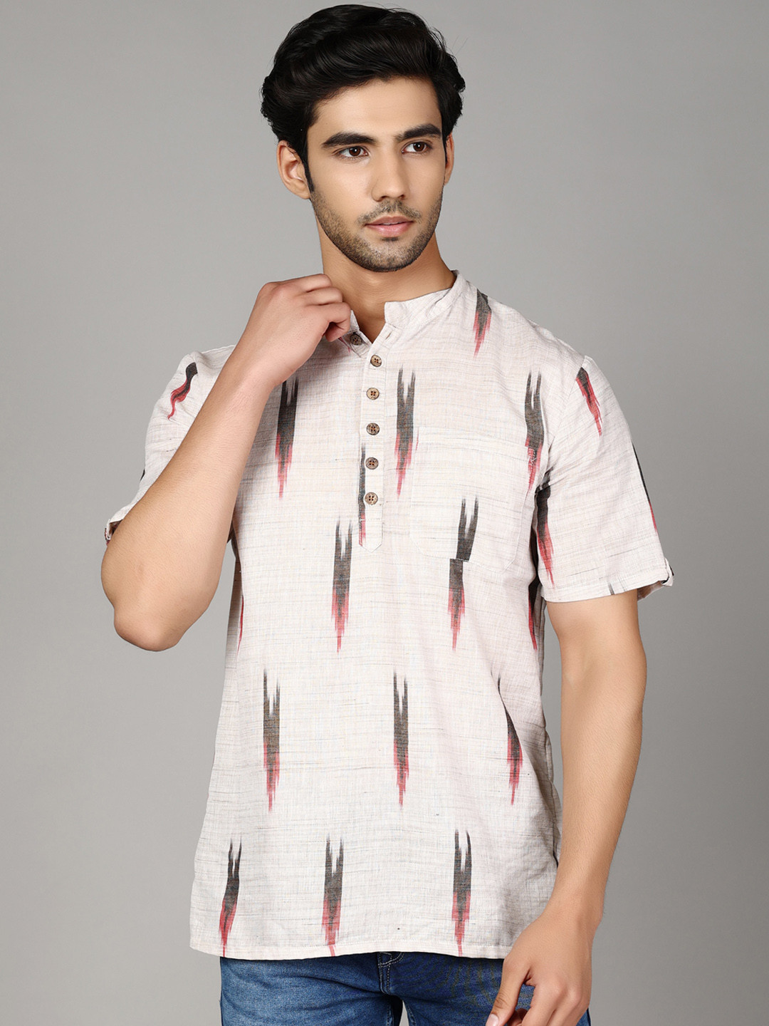 

Cot'N Soft Men Off White & Black Woven Design Shirt Collar Pure Cotton Kurti