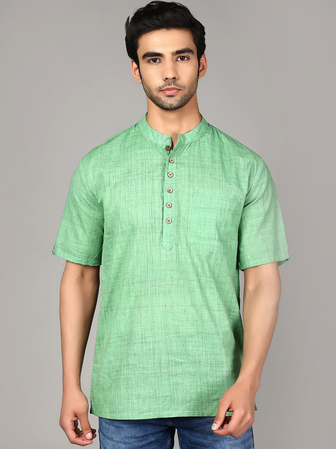 

Cot'N Soft Men Green Woven Design Shirt Collar Pure Cotton Kurti