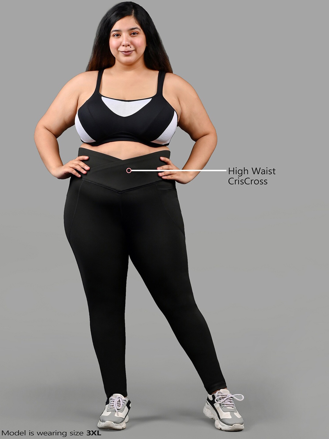 

Bellofox Women Plus Size Black Solid High Waist Criss- Cross Yoga Tights