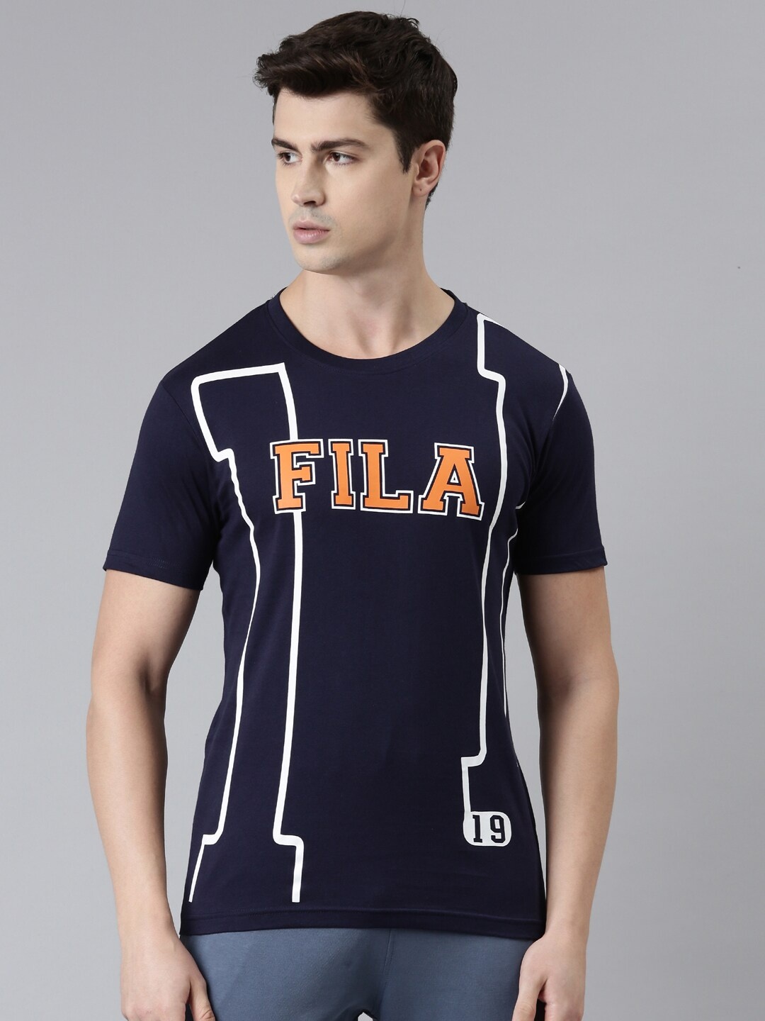 

FILA Men Navy Blue Typography Printed Organic Cotton T-shirt