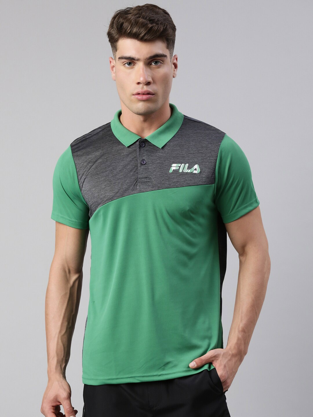 

FILA Men Green & Grey Colourblocked Polo Collar Organic Cotton T-shirt